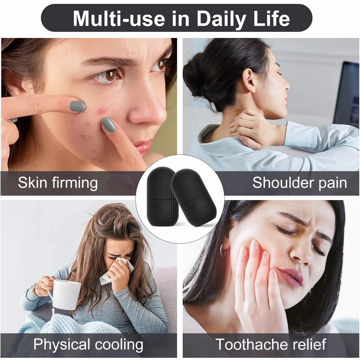 Ice Roller para Masaje Facial Frío, Hielo Cara Reutilizable de Silicona, Reducción de Poros y Ojeras, Cuidado de la Piel en Casa (Rayas Negras)
