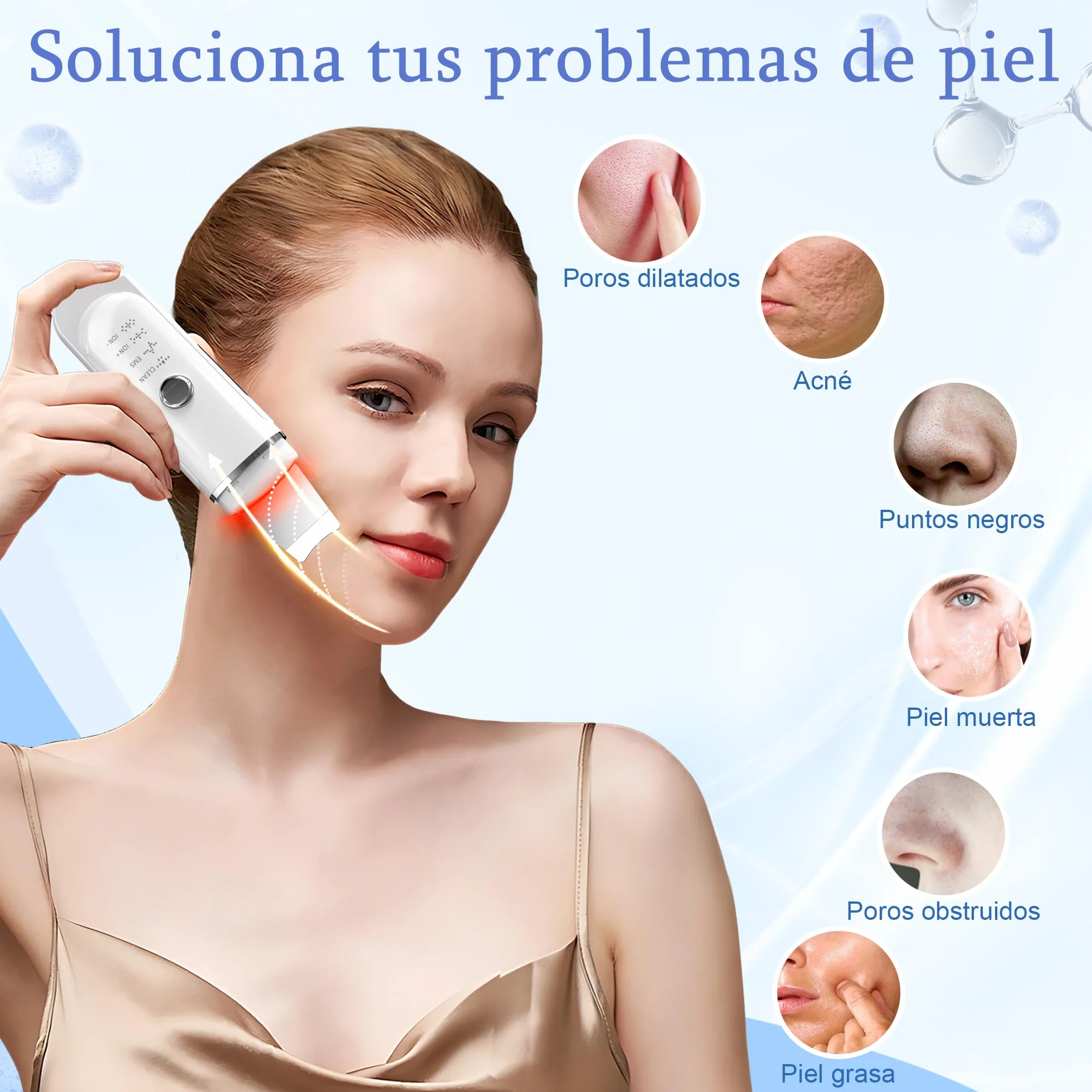 Peeling Ultrasónico Facial con 4 Modos y Luz Azul Roja, Limpiador de Ultrasonidos