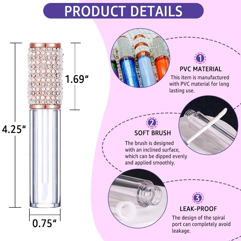 AMORIX Paquete de 72 tubos de brillo de labios de diamante de 5 ml con varita de 5 ml, recipientes vacíos de brillo de labios con diamantes de imitación, bonitas botellas de brillo de labios, kit de