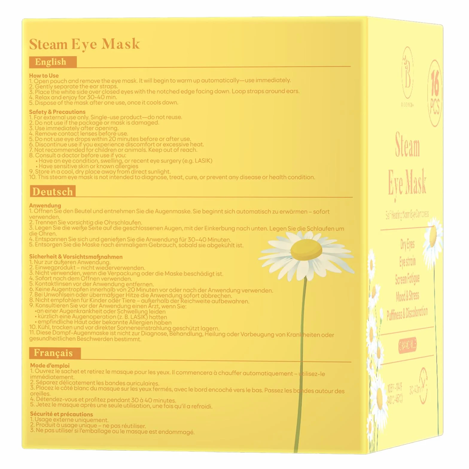 Pack de 16 Antifaz Ojos Secos con Manzanilla, Máscara Caliente Vapor para Bolsas Fatiga Blefaritis, Desechable Auto-Calefactable para Dormir Viajar