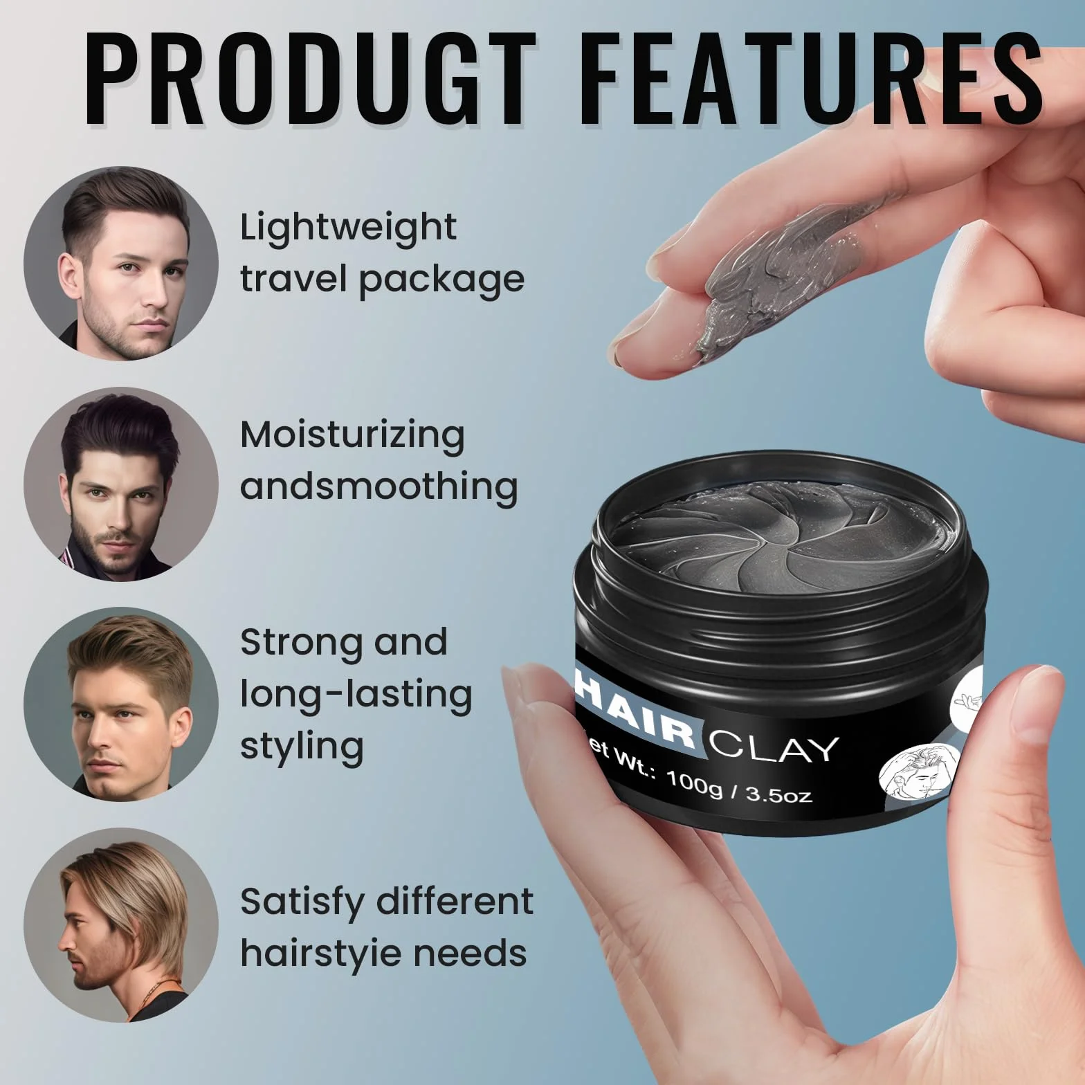 Arcilla para el Cabello para Hombres, Matte Clay Cera Pelo Hombre, Pasta de Peinado Mate, Pomada Fijación Media Alta con Acabado Mate