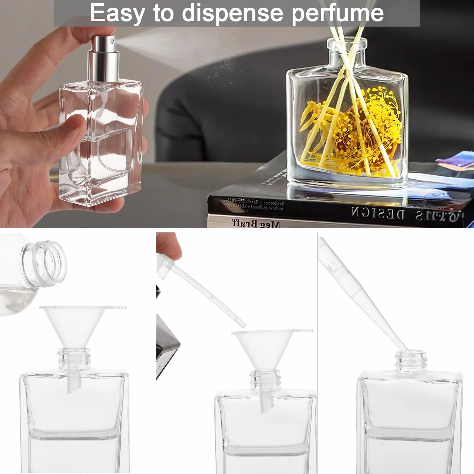 Atomizador Perfume Recargable 30 ml, Botellas de Vidrio Transparentes con Spray Plateado, Set de Viaje con Embudos y Goteros