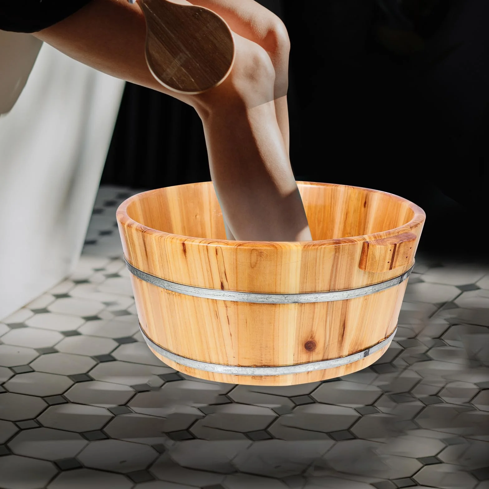 GANAZONO Cubo Reutilizable de Madera para Baño de Pies, Lavabo Multifuncional para Remojar Manos y Pies, Barril Spa de Madera Natural para Pedicura Hogar, Artículo de Cuidado Personal