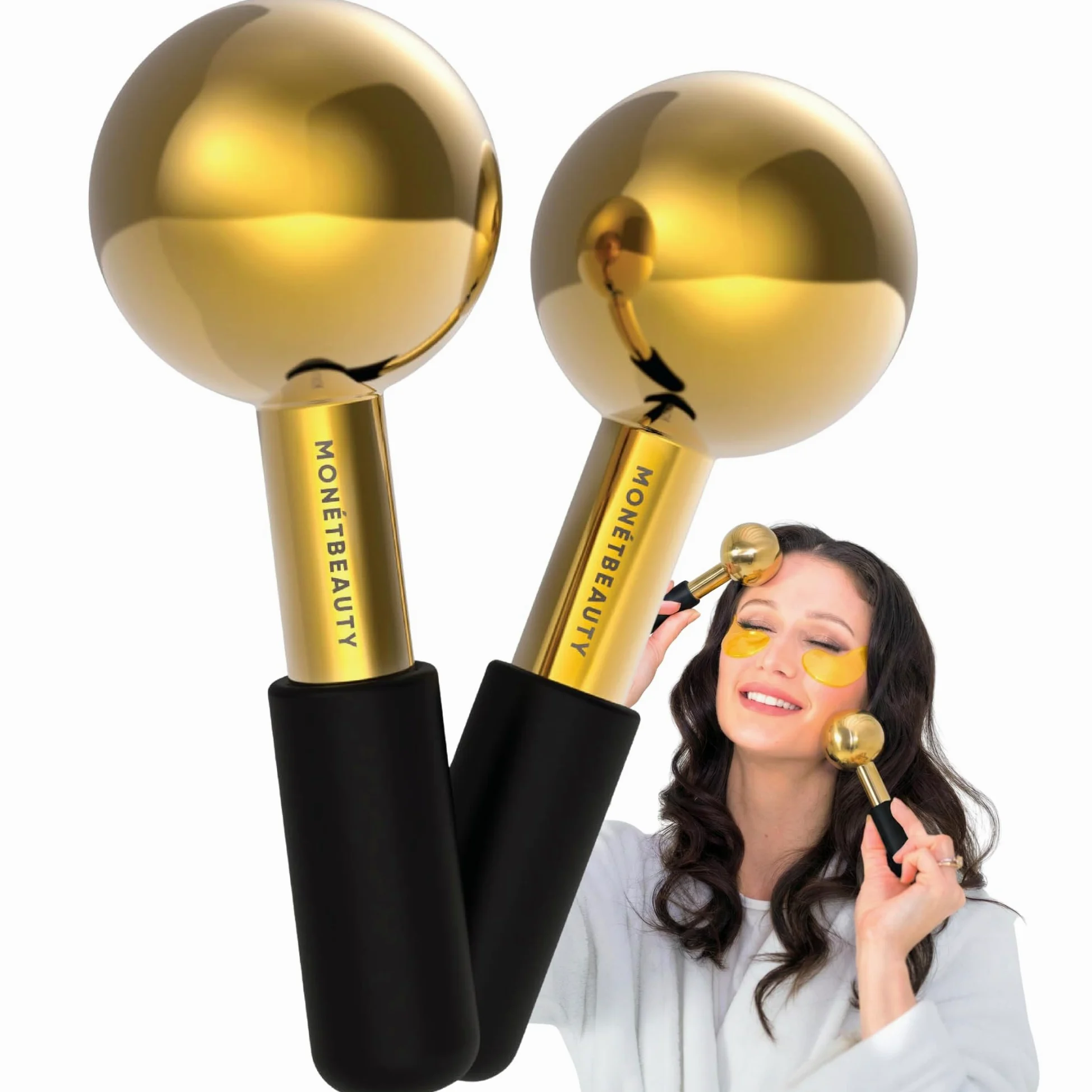MonétBeauty Globos de hielo de acero inoxidable para tratamientos faciales, mango negro dorado, globos criogénicos duraderos que reducen instantáneamente la hinchazón, aprietan los poros y el alivio