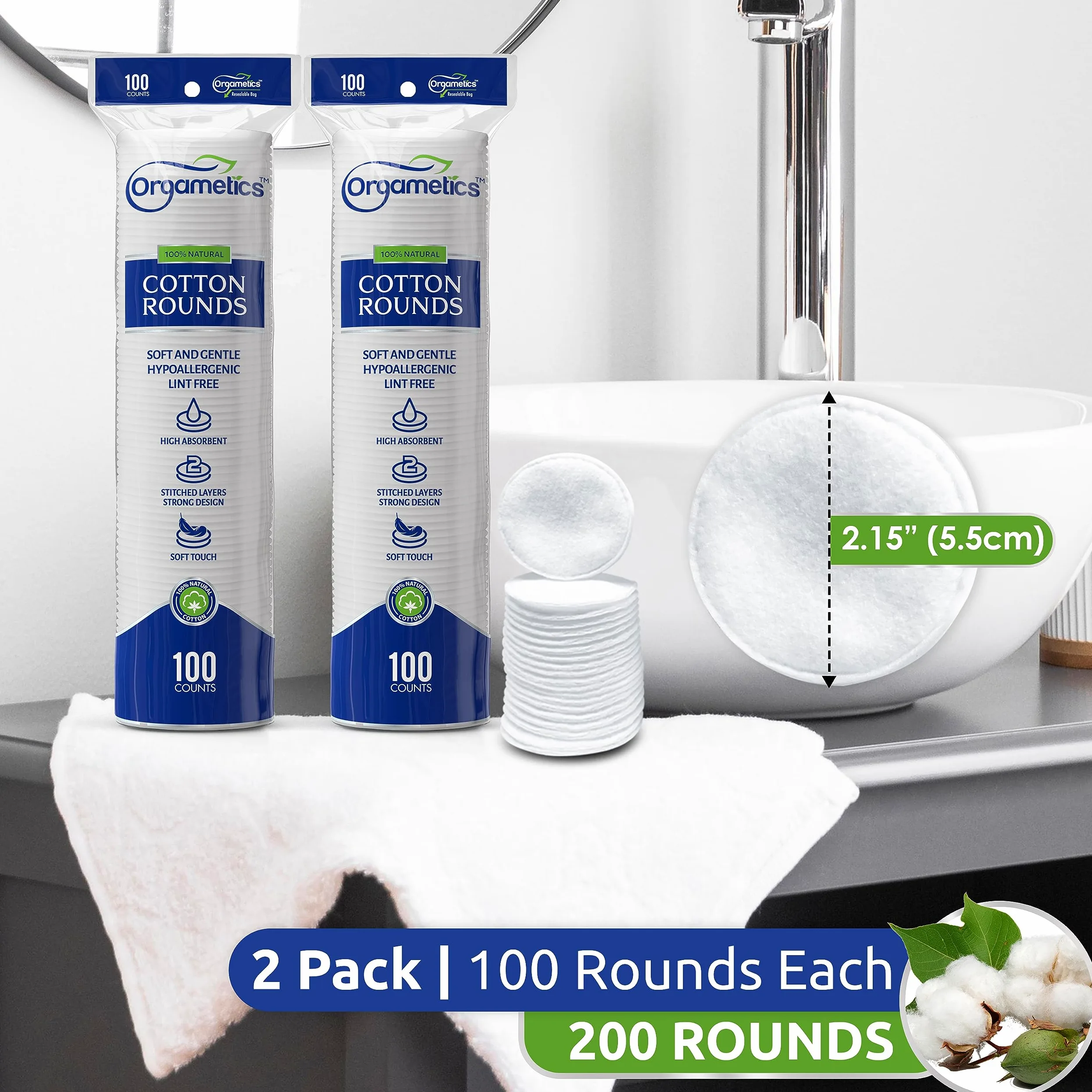 ORGAMETICS Cotton Rounds, 100% algodón turco natural premium removedor de maquillaje y limpieza facial almohadillas redondas de algodón, sin pelusas, hipoalergénico y ultra suave, 2.25 pulgadas de