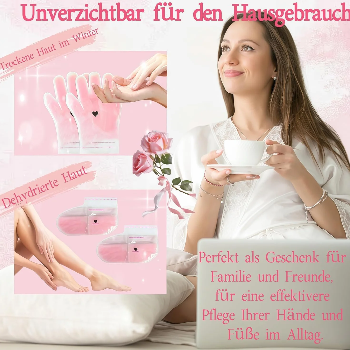 Guantes de Tratamiento de Cera de Parafina para Manos y Pies, 4 Pares Guantes de Cera Rosados, Máscara de Cera Curativa Suavizante para Piel Seca y Agrietada | Cuidado Intensivo de Manicura y Pedicura