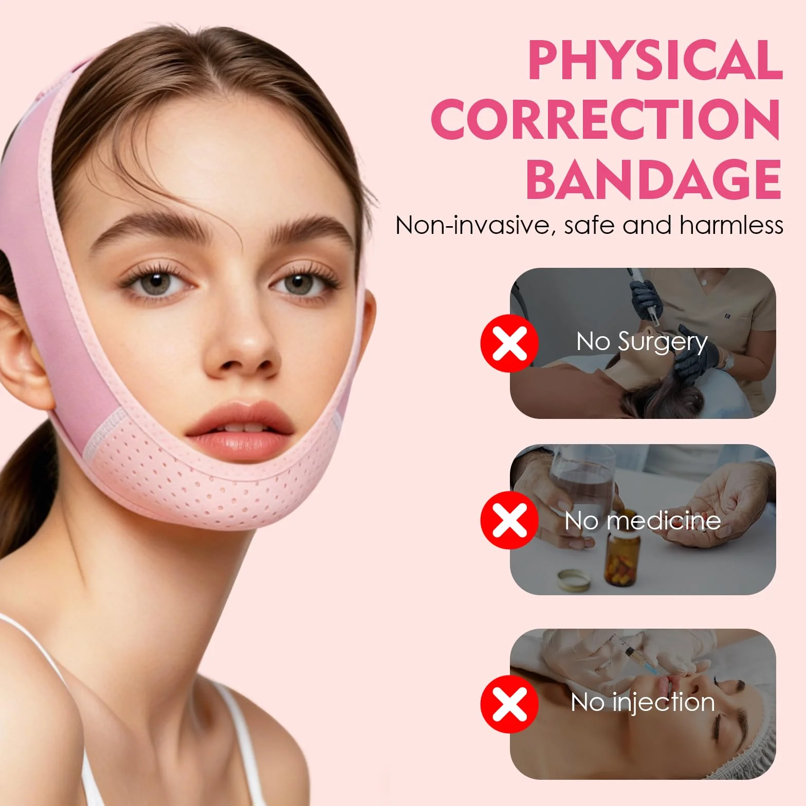 V Line Lifting Mask Faja Facial Reductor Doble Barbilla Reutilizable Correa Adelgazante Banda Ajuste Cara V Liftings Reafirmante Rosa