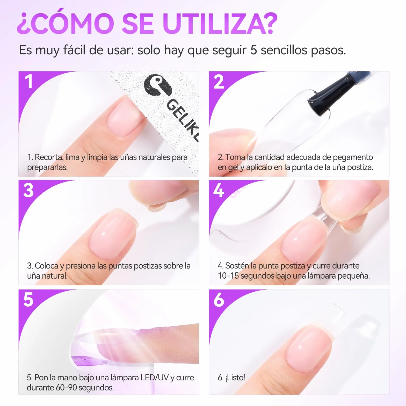 Gelike Pegamento Uñas Postizas Super Fuerte 6 en 1 Acrilicas Claro Tips Uñas A Presión Necesita Curar UV Lámpara 8ml