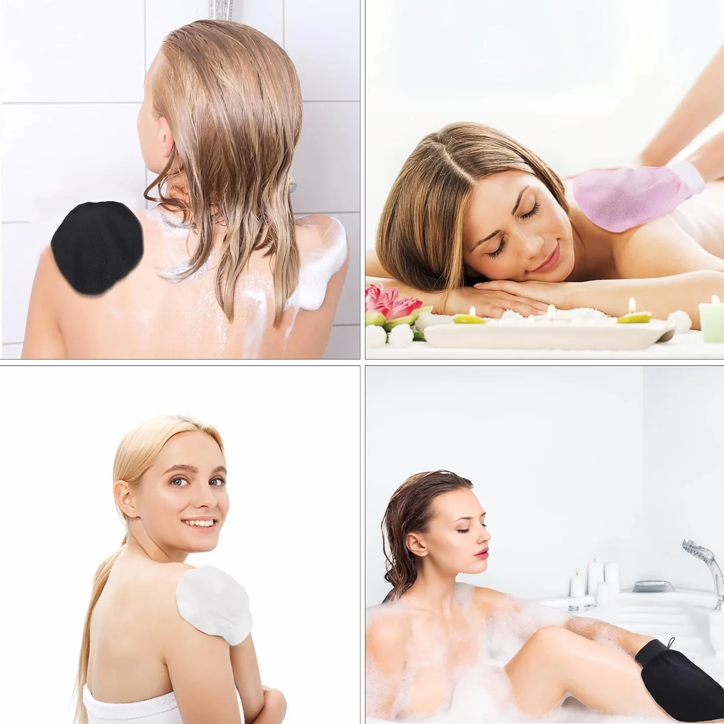 Guante Exfoliante Corporal, 3pcs Manoplas Exfoliantes, Guante Crin Ducha Unisex, Accesorios de Baño Negro Rosa Morado