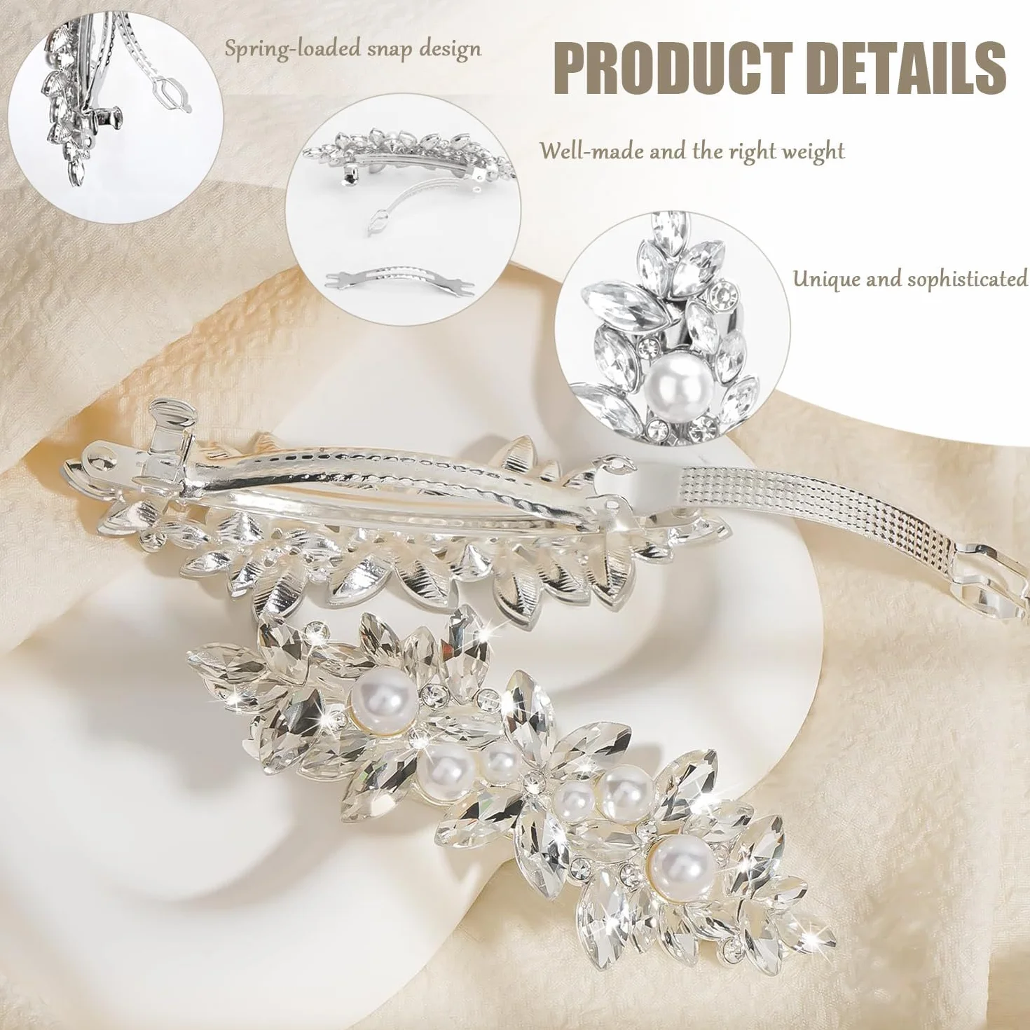 Clips de Pelo de Perlas de Pedrería Horquilla de Boda Pinzas para el Cabello Barrette de Pelo de Cristal Brillante para Mujeres