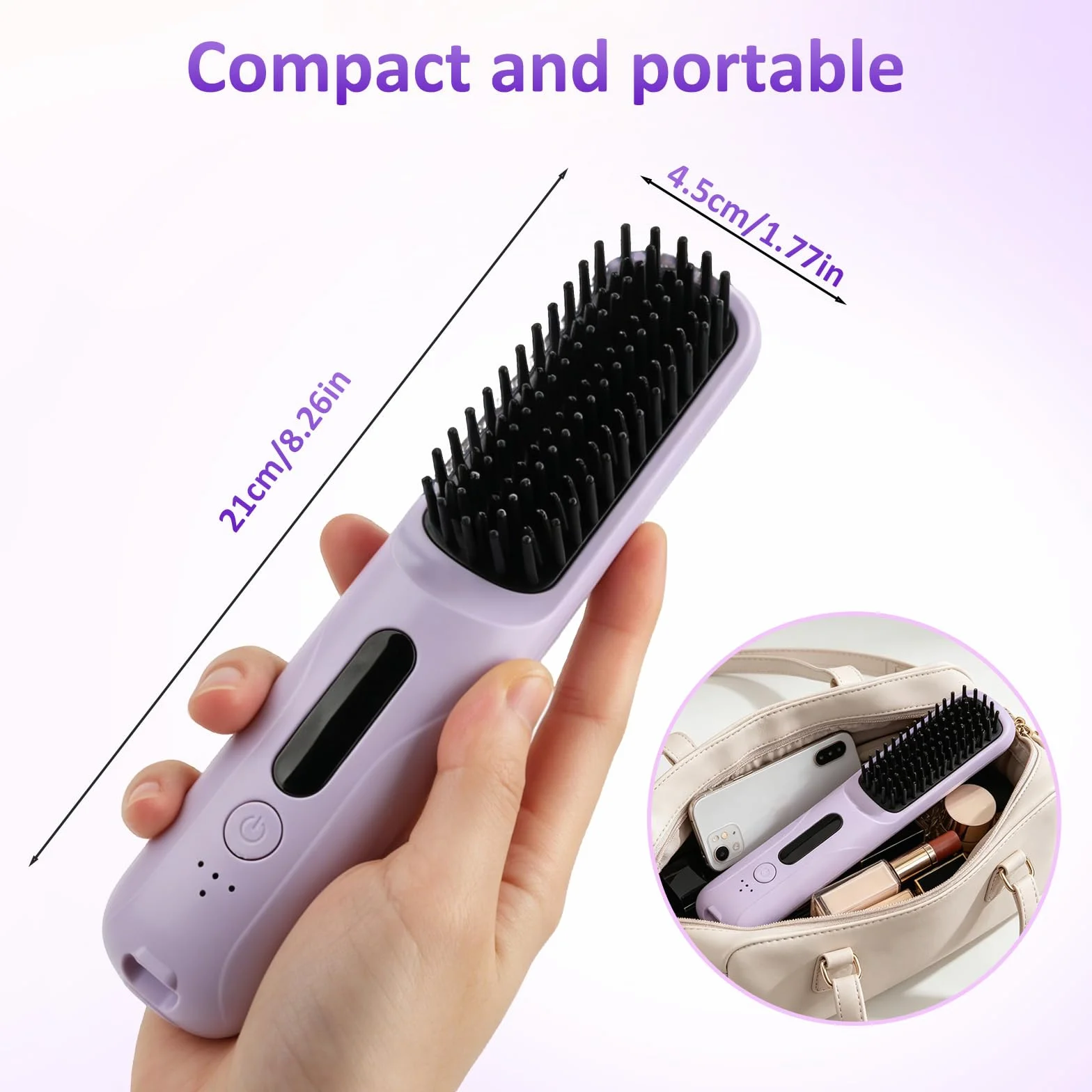 Cepillo Alisador Pelo Inalámbrico Recargable USB 4 Temperaturas 140-200°C Portátil Viaje Morado