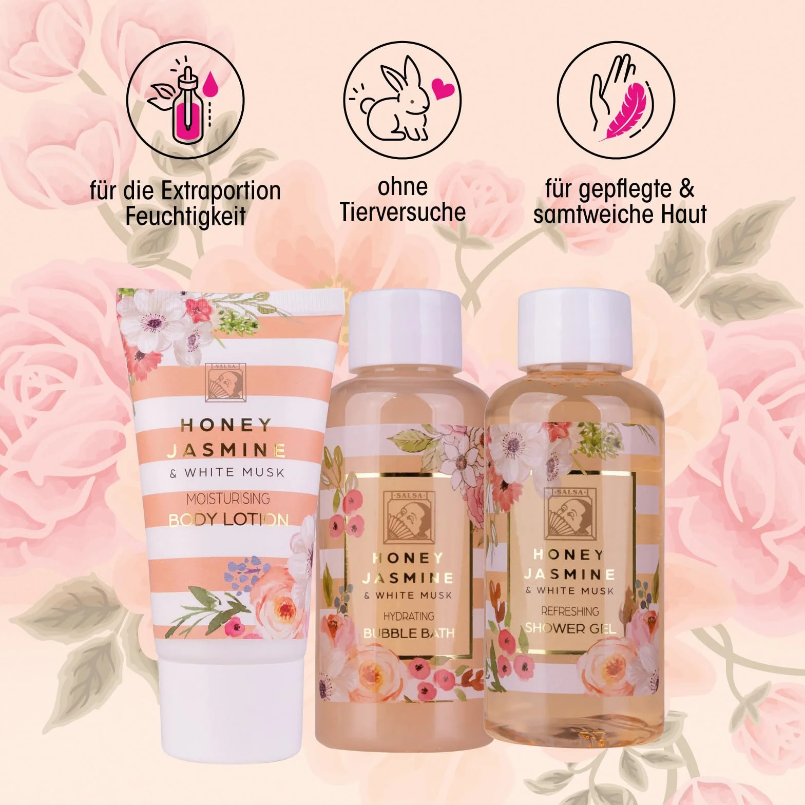 Accentra Set de ducha HONEY JASMINE 3 piezas gel loción corporal baño de burbujas regalo bienestar