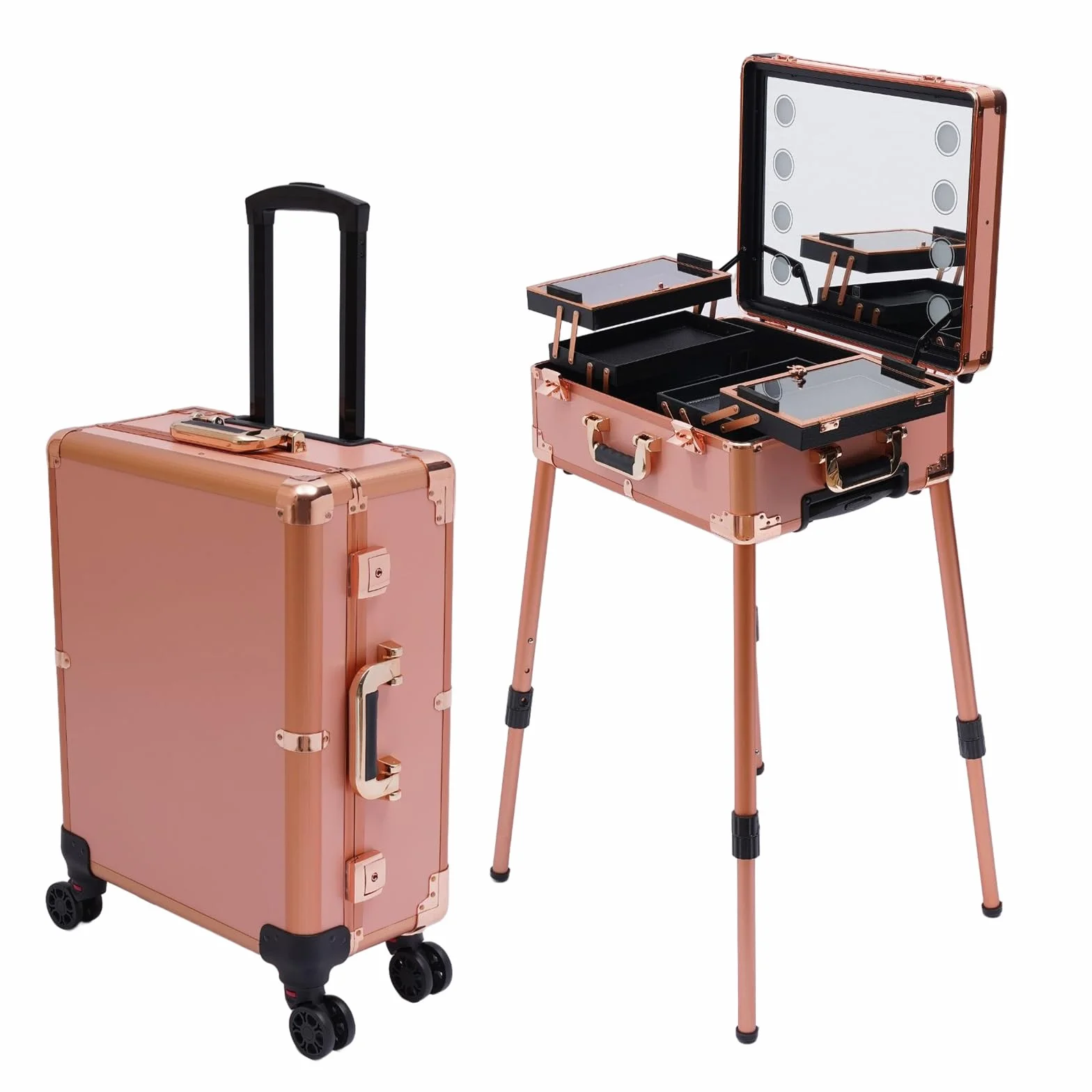 Maletín de Maquillaje Profesional con Luz LED y Espejo, Trolley de Maquillaje con Ruedas 360°, Patas Ajustables, Estación de Belleza Portátil para Maquilladores, Peluquería, Estética y Uñas