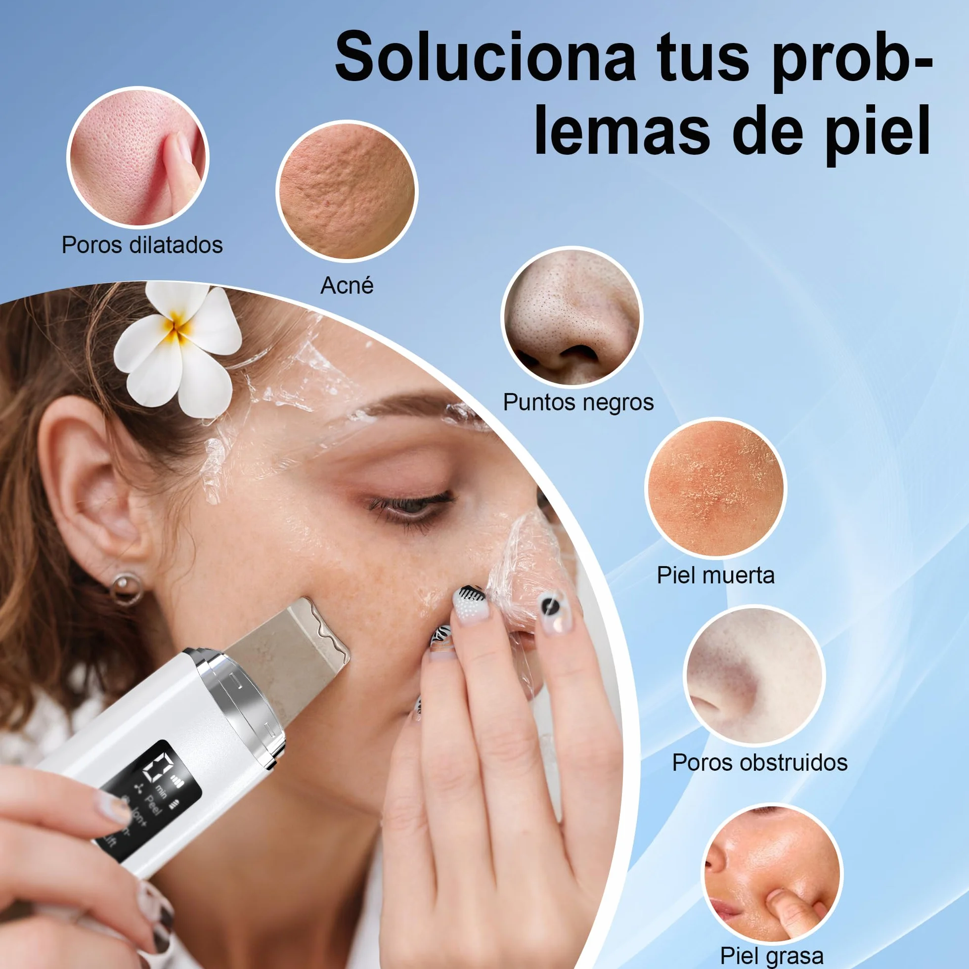 Peeling Ultrasónico Facial, Limpiador Ultrasonidos con 4 Modos e Intensidad Ajustable, Luz Roja y Azul, Skin Scrubber