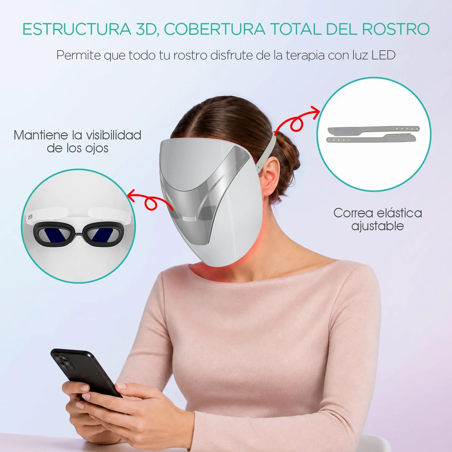 VOYOR Mascarilla LED, Máscara Facial de Terapia con Luz Roja/Azul/Violeta | Tratamiento con Temporizador, Soporte Cómodo, Inalámbrica, Fácil de Usar, Antienvejecimiento & Mejor Aspecto de Piel, BM100
