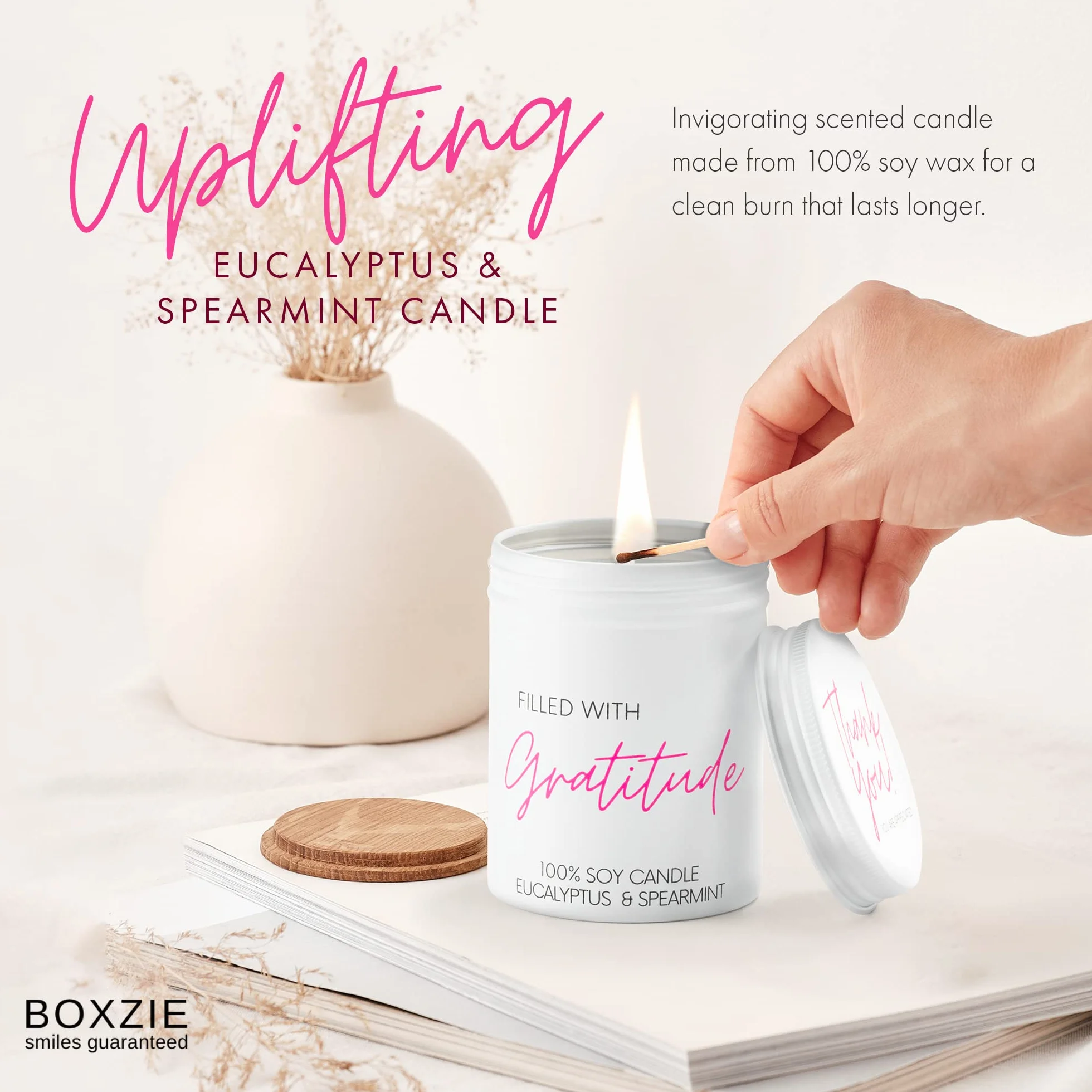 Boxzie Regalos de agradecimiento para mujeres, juego de caja de regalo de agradecimiento, bonitas ideas de cesta de gratitud, regalos de velas pensados para empleadas, jefes, compañeros de trabajo,