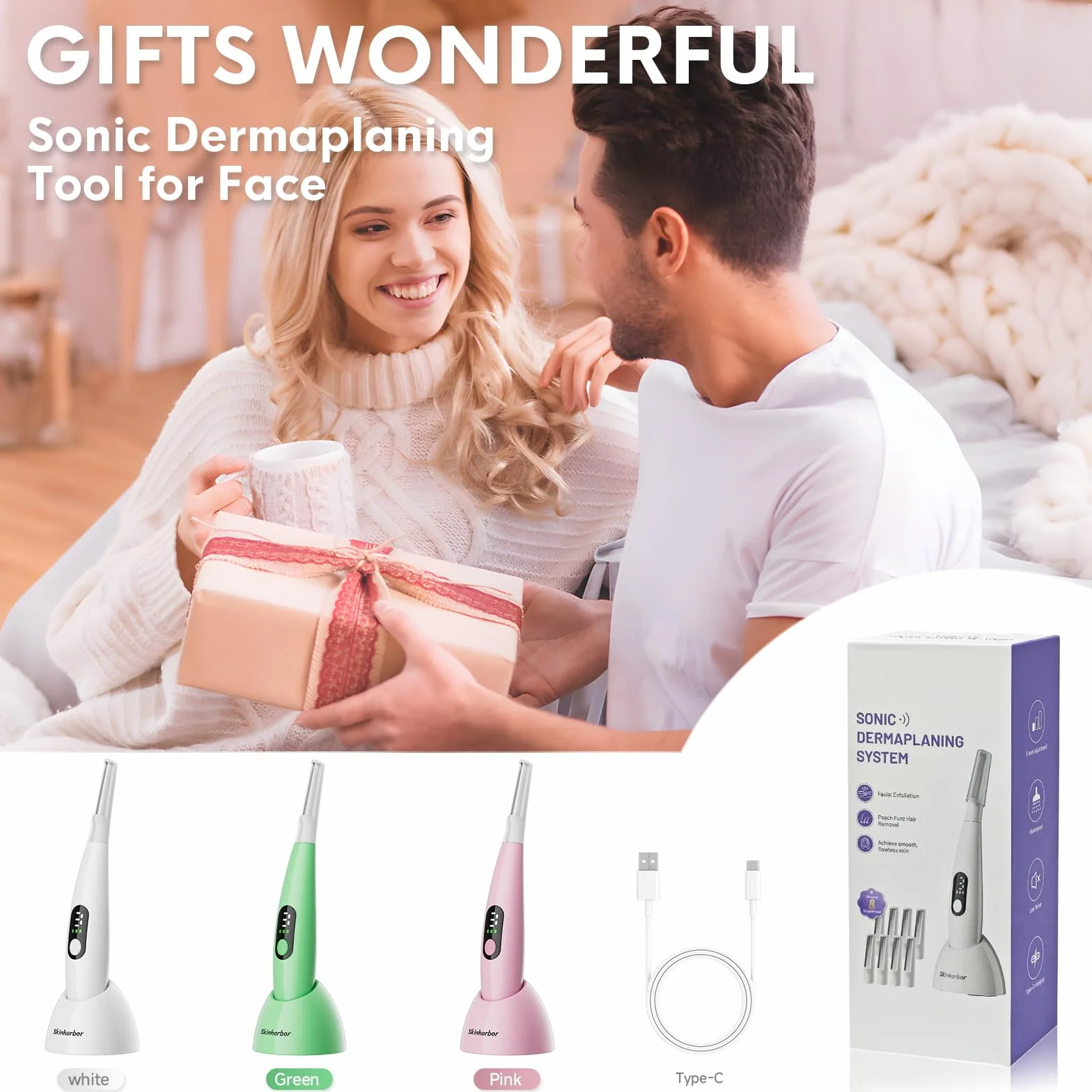 Sonic Dermaplane - Maquinilla de afeitar para mujer, exfoliación facial y sistema de eliminación de vello de melocotón, antienvejecimiento, 3 velocidades, 8 cuchillas de dermaplaning
