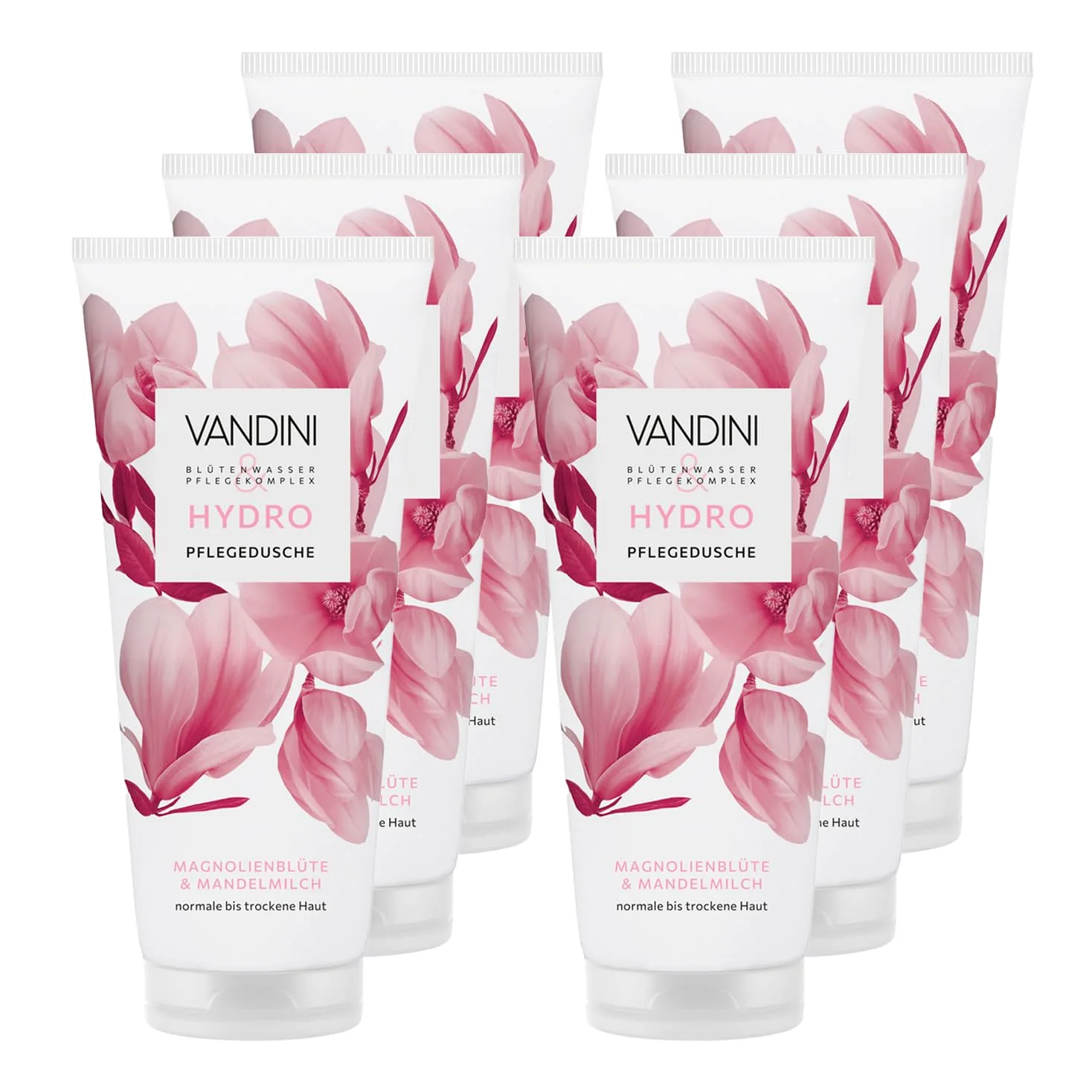 VANDINI HYDRO 6 x Ducha de cuidado para mujer de 200 ml con flor de magnolia y leche de almendras – Gel de ducha para piel normal a seca – vegano, sin parabenos ni siliconas, dermatológicamente