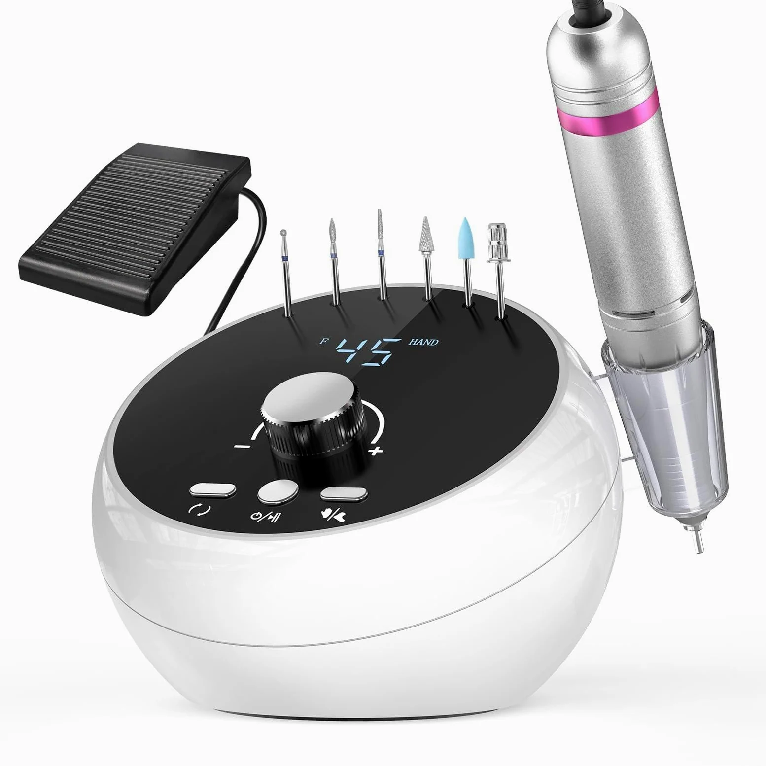 HOMEASY Torno para Uñas, Lima Eléctrica de 45000 RPM, Pedal y Pantalla LCD. | Torno para Uñas con Pedal, Pieza de Mano de Aluminio Silenciosa y Lima Eléctrica de Sobremesa para Acrílico y Gel.