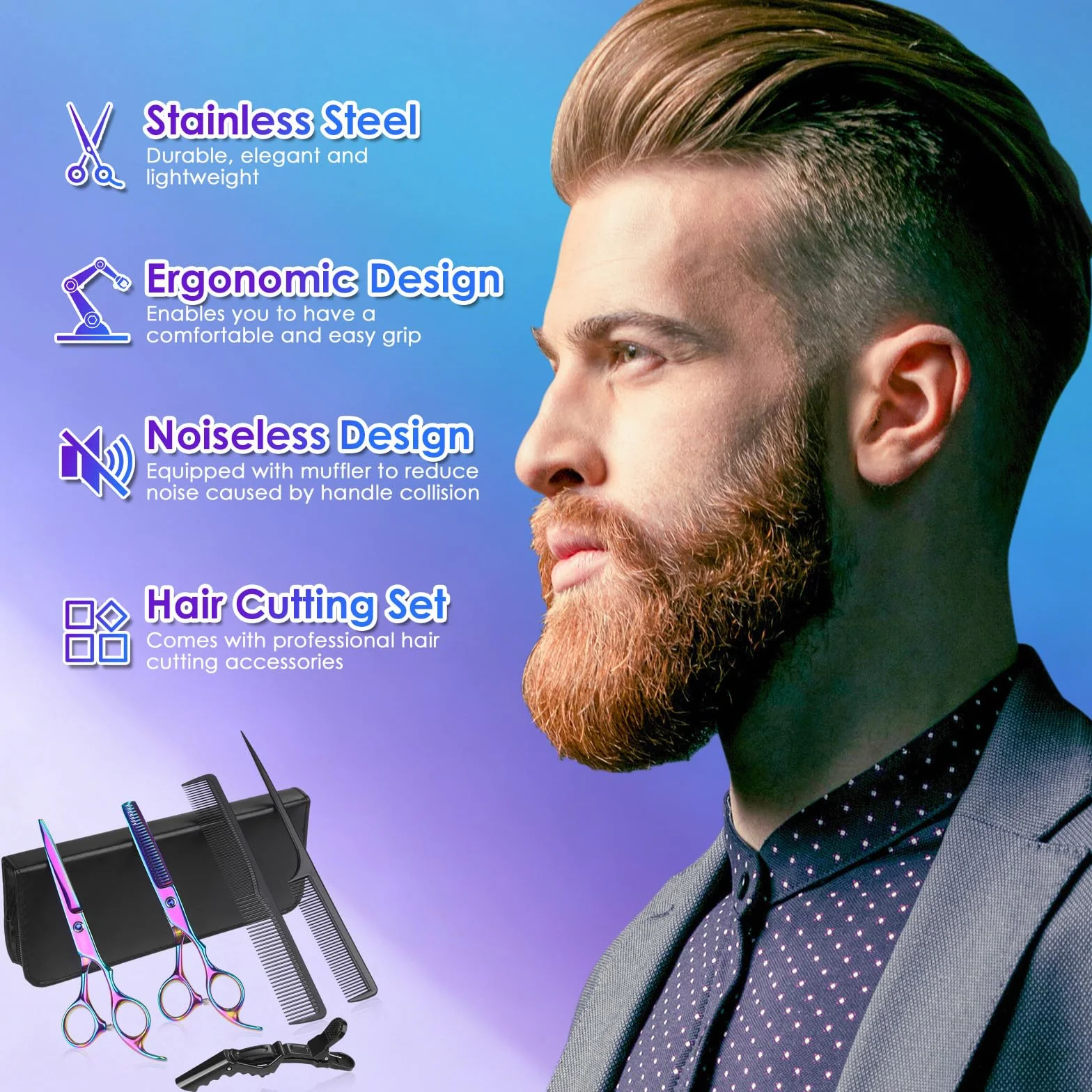 Lictin Tijeras de Peluquería Profesional Acero Inoxidable 6.7" Kit 4 en 1 con Peine y Caja