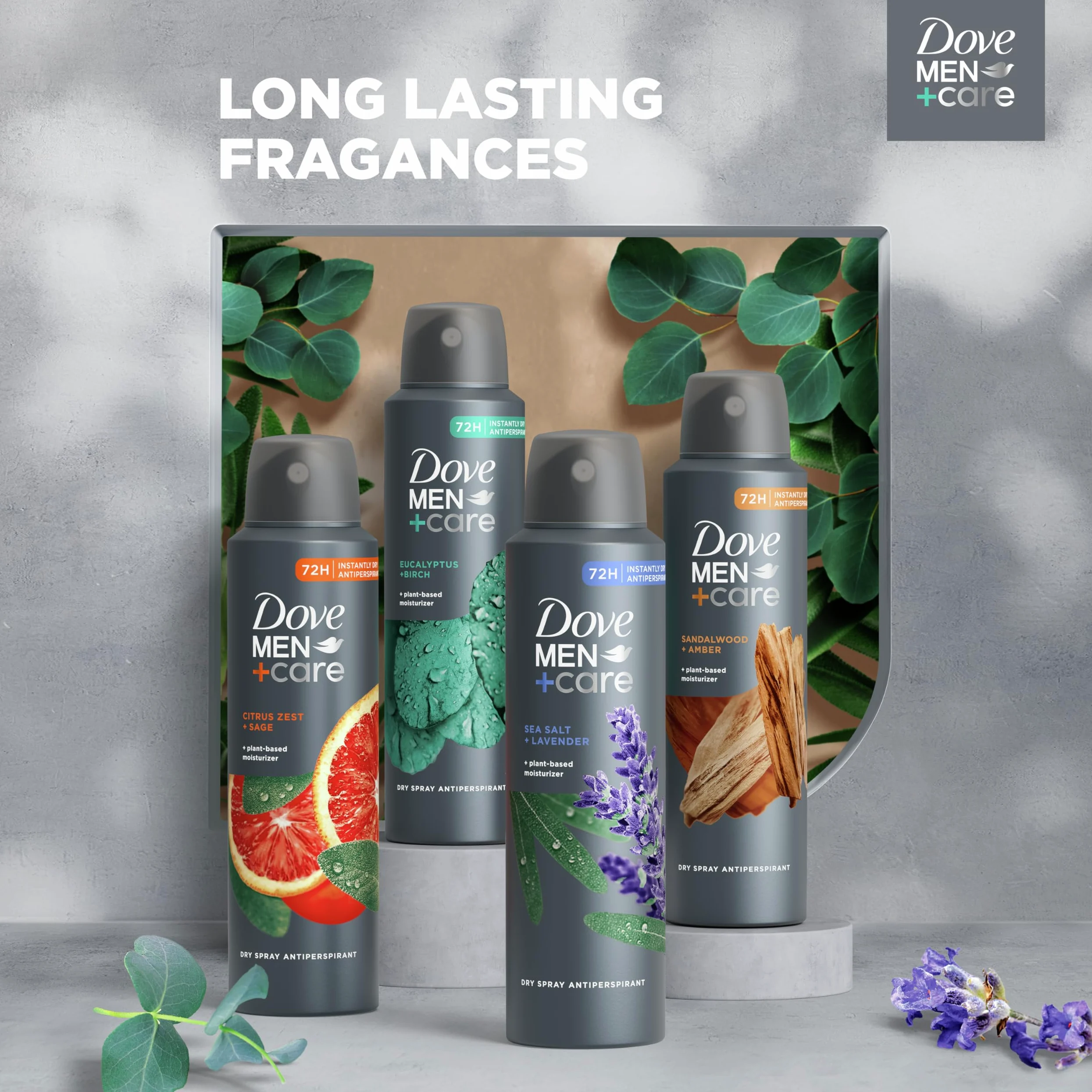 Dove Men+Care - Desodorante estimulante antitranspirante en aerosol seco, madera de cedro y frijoles tonka, 4 unidades, 48 horas, desodorante de protección contra olores para hombres, hidratante a