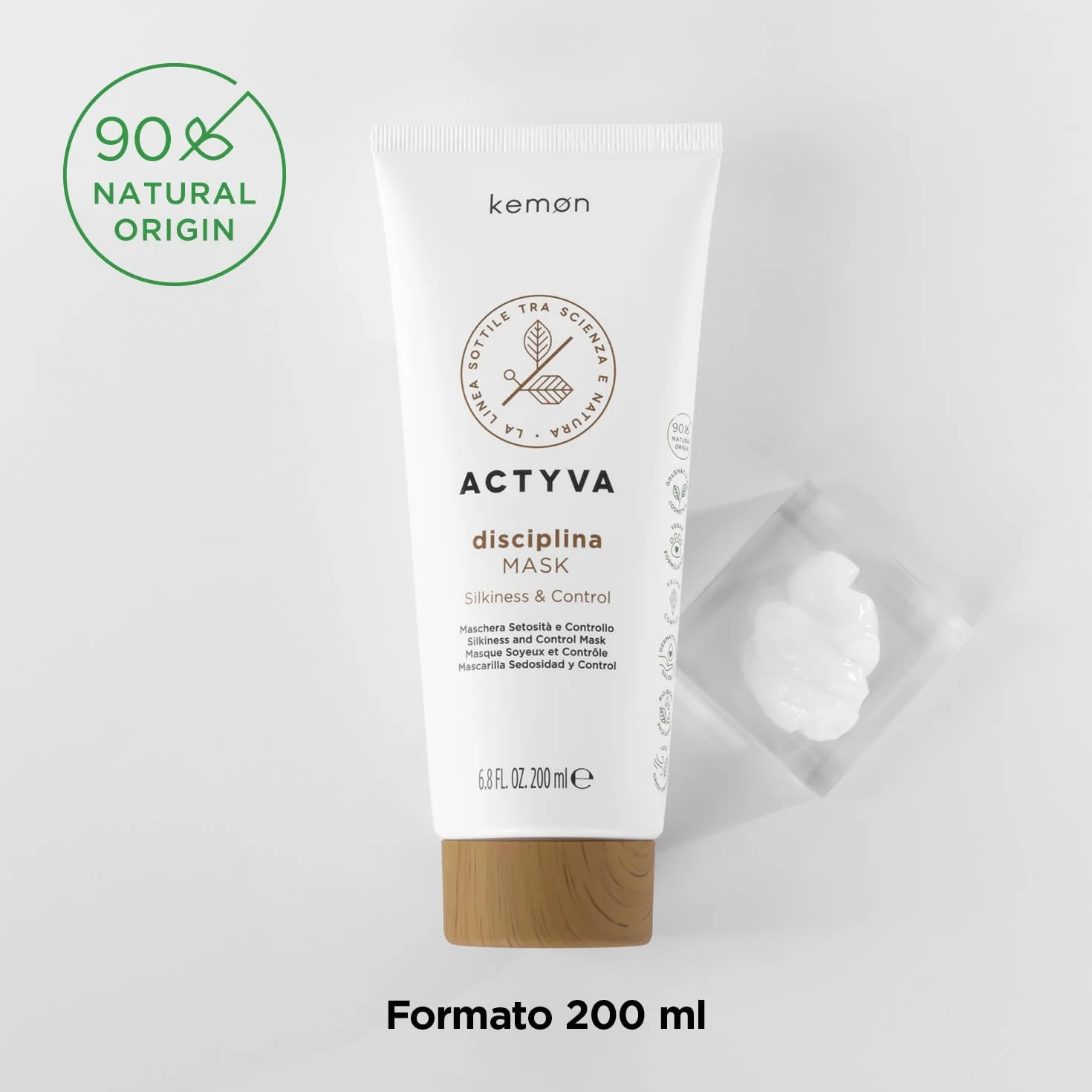 Kemon Actyva Disciplina Mask nutritiva disciplinante para cabello encrespado con ácido hialurónico y aceite de almendras 200 ml