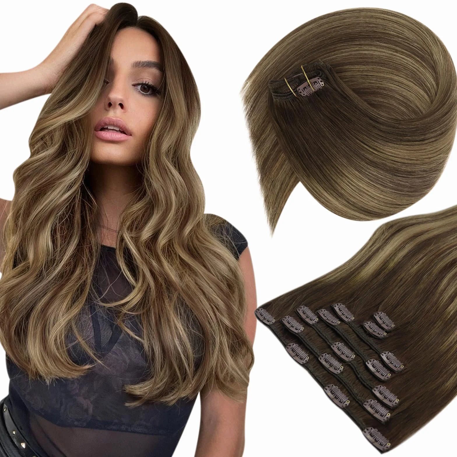 Sunny Extensiones de Cabello Natural Clip Humano 20 Pulgadas Balayage Marron con Rubio 4/27/4# Clip en Extensiones Pelo Clip 7pcs 120gramo