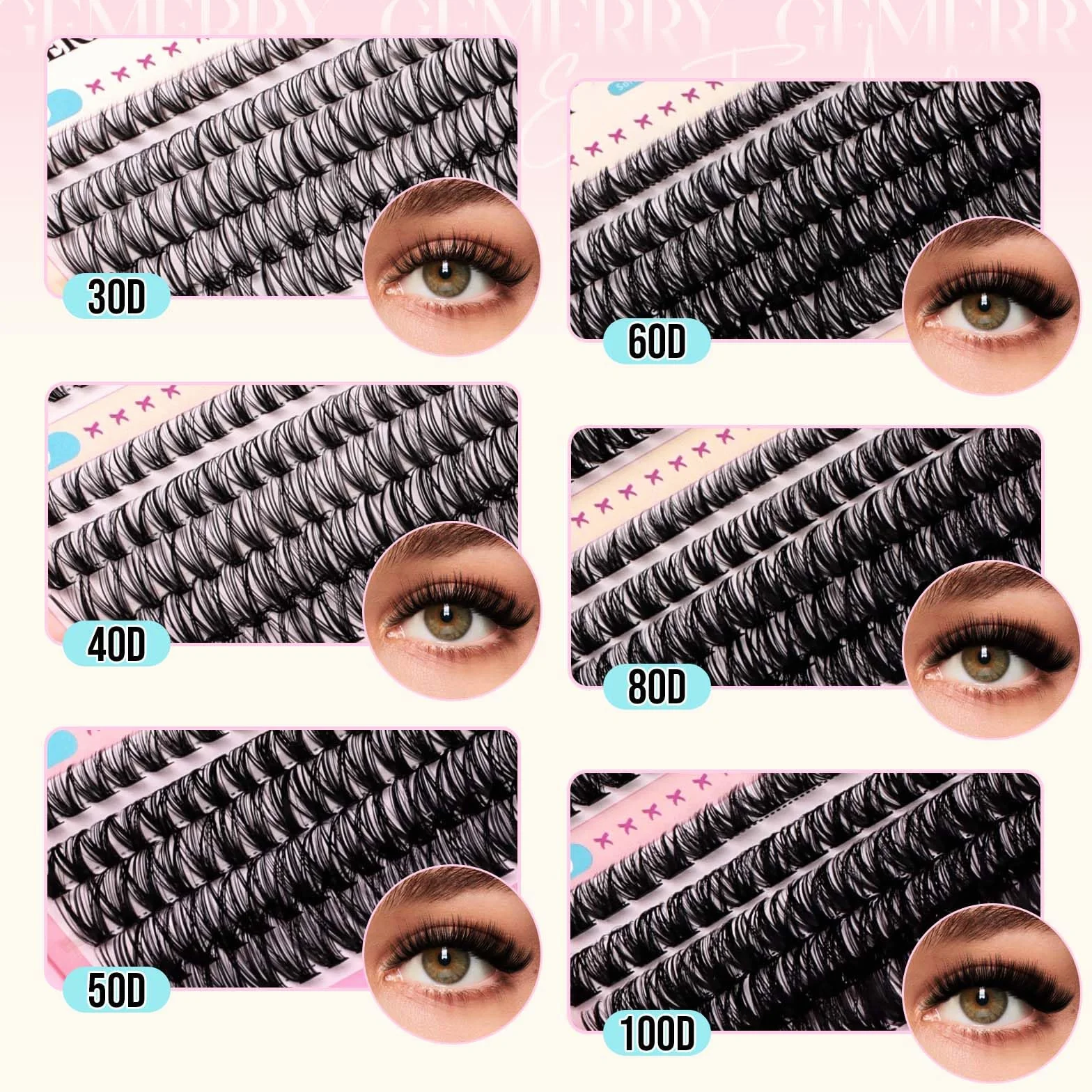 GEMERRY Pestañas Postizas D Curl 8-16mm Mix 30D-100D Pelo a Pelo Cluster Lashes