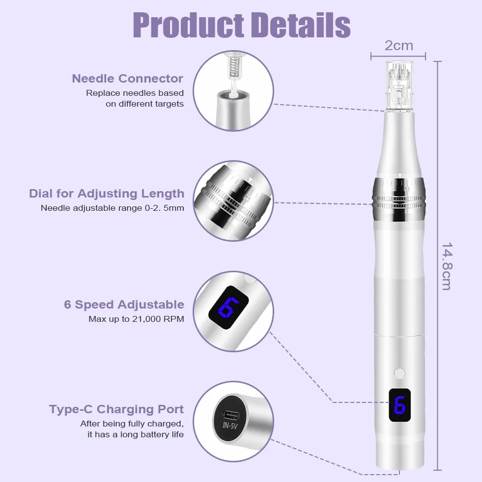 Vicloon Microneedling Pen Inalámbrico Profesional, 12 Agujas, 6 Velocidades, 0-2.5mm Ajustable, Máquina Eléctrica para Cuidado Facial