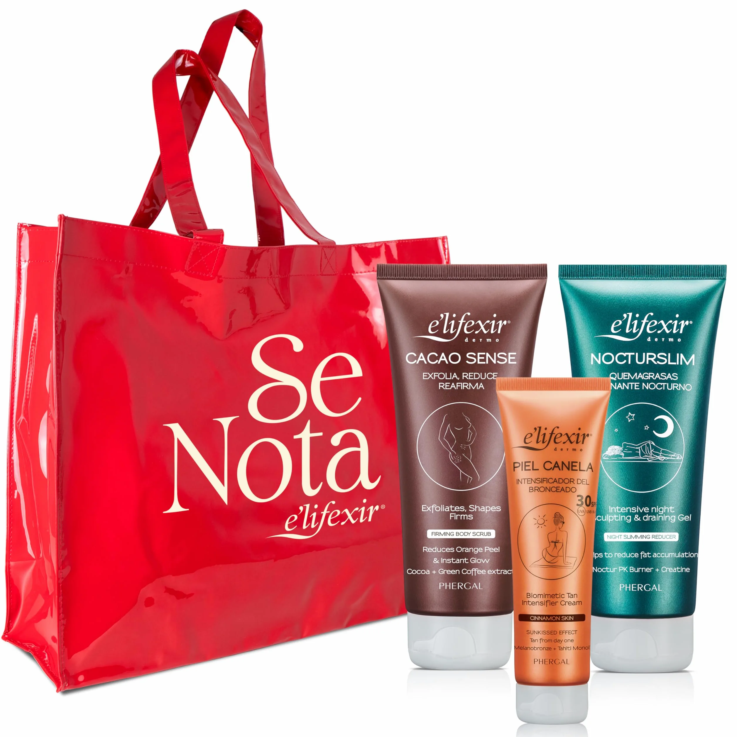 Elifexir | Cacao Sense + Nocturslim + Piel Canela + Regalo | Exfoliante Corporal + Quemagrasas Nocturno + Acelerador del Bronceado + Bolsa | 200ml + 200ml + 150ml