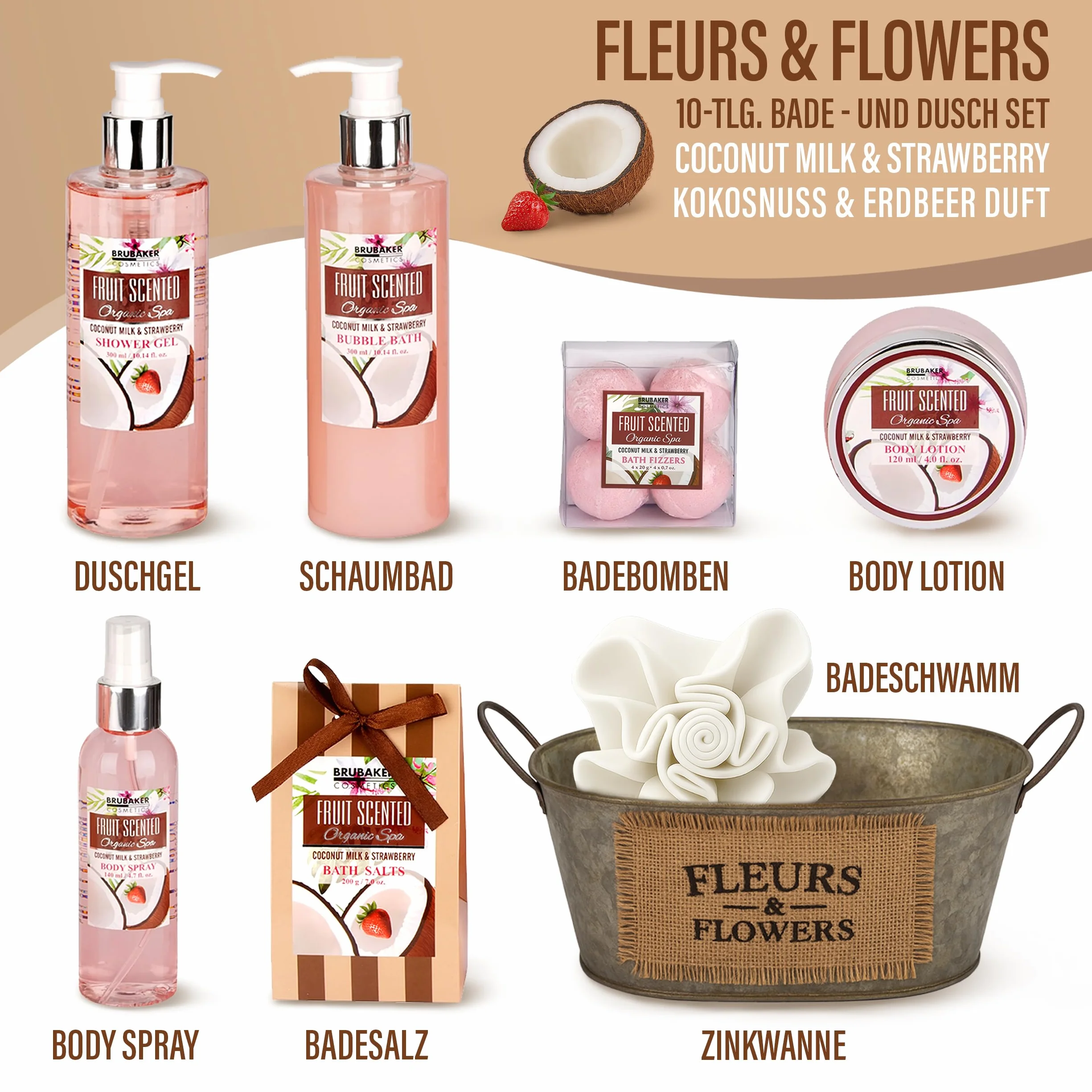 BRUBAKER Cosmetics Kit Baños Fresa-Coco 11 piezas Bañera Vintage Set Regalo Mujer Spa Baño Ducha