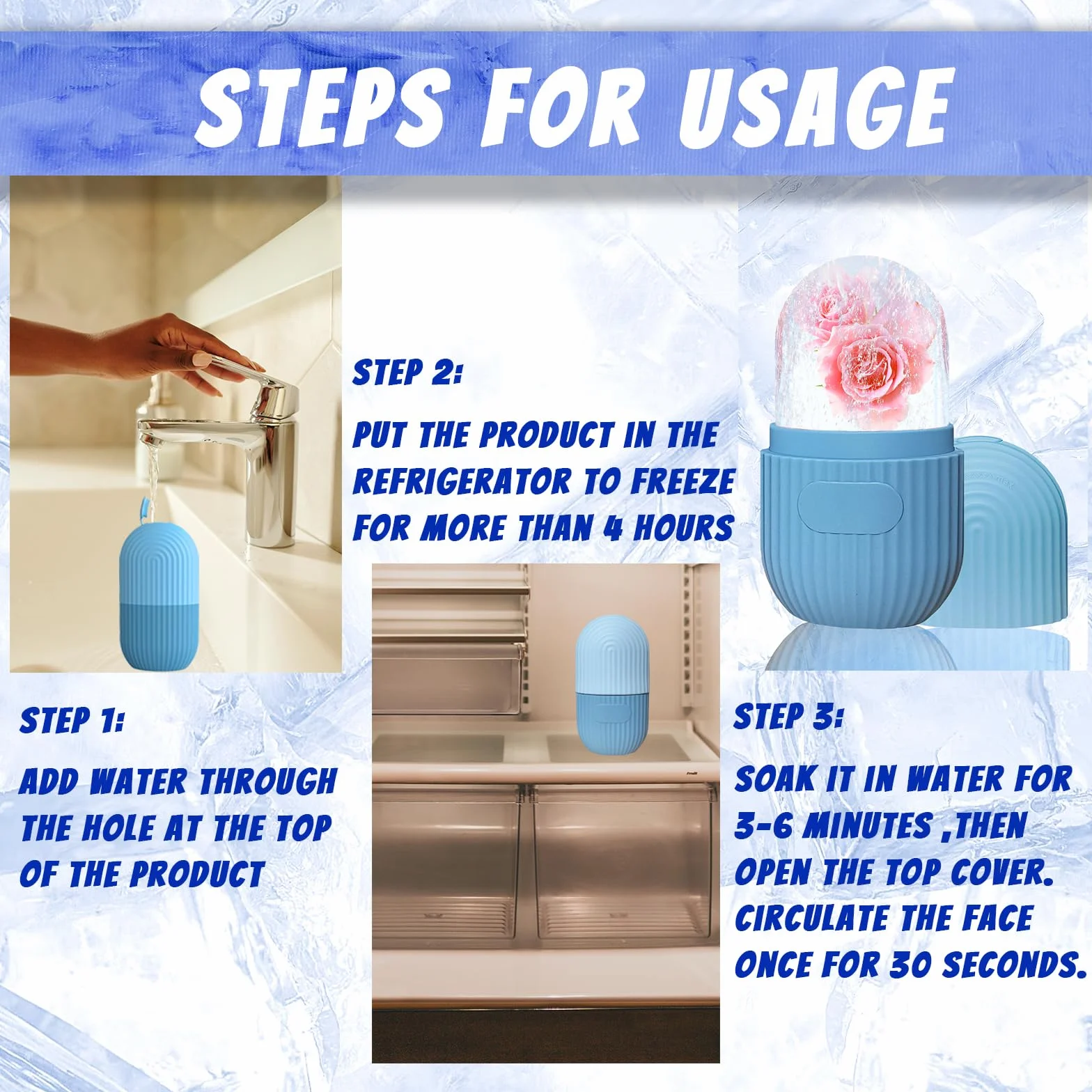Joyeee Ice Roller Reutilizable Masaje Facial con Hielo para Cuidado de la Piel, Reduce Poros y Arrugas, Azul