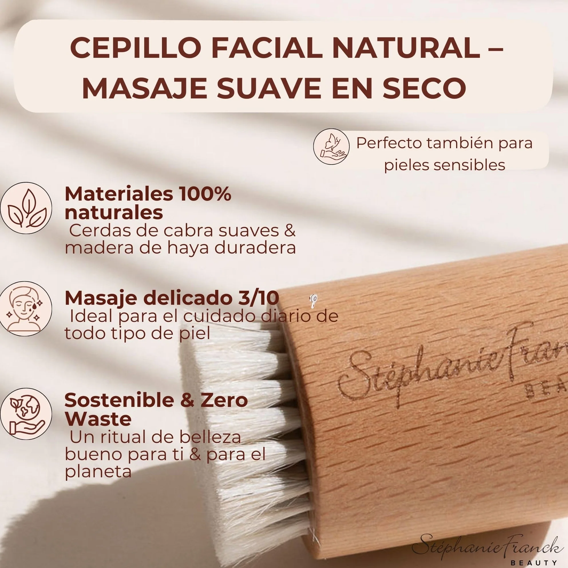 Cepillo Facial en Seco de Cerdas de Cabra – Drenaje Linfático, Exfoliación Suave para Piel Sensible