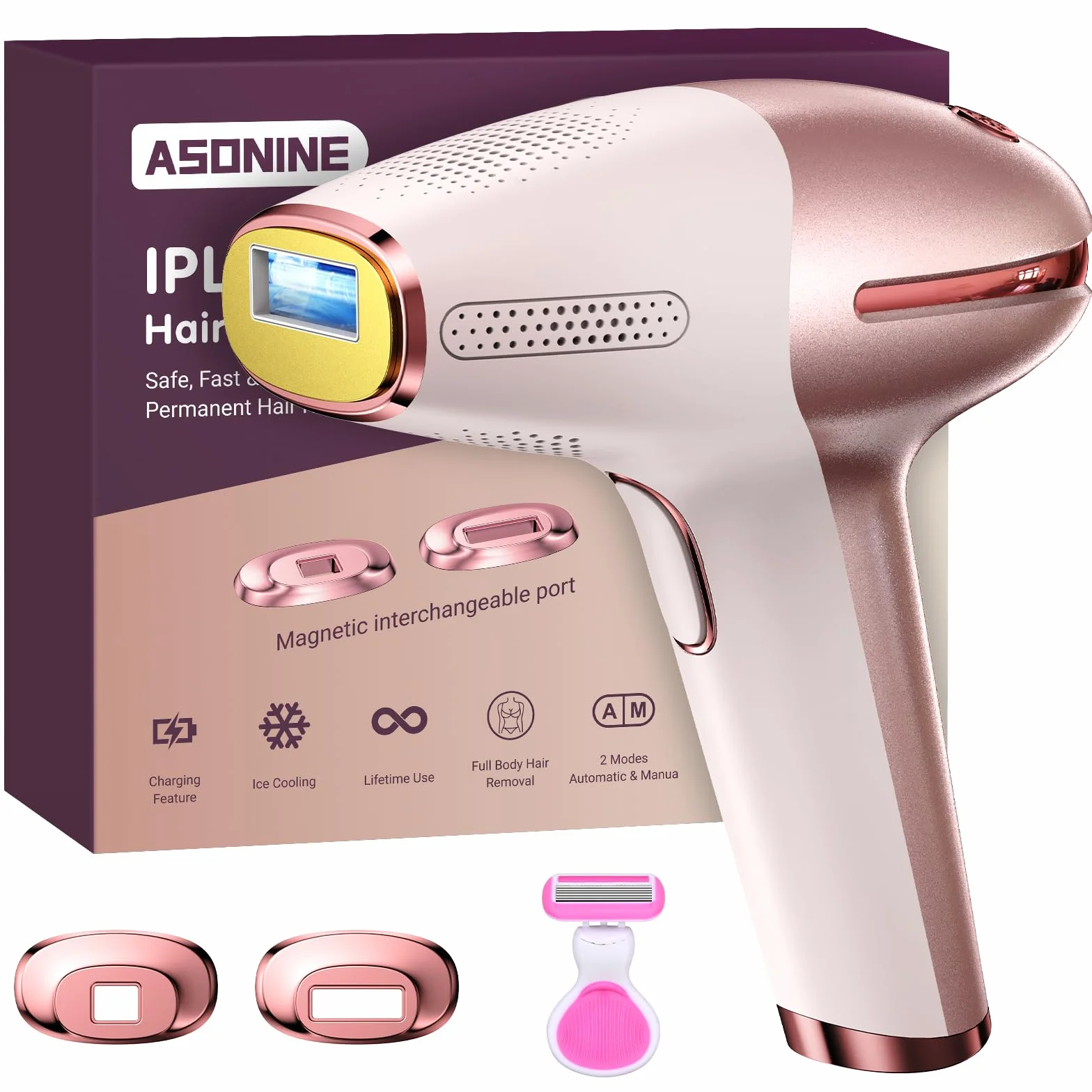 ASONINE Depiladora Laser IPL con Refrigeración, 600NM-1200NM Luz Pulsada, 9 Niveles de Energía, Indolora para Todo el Cuerpo