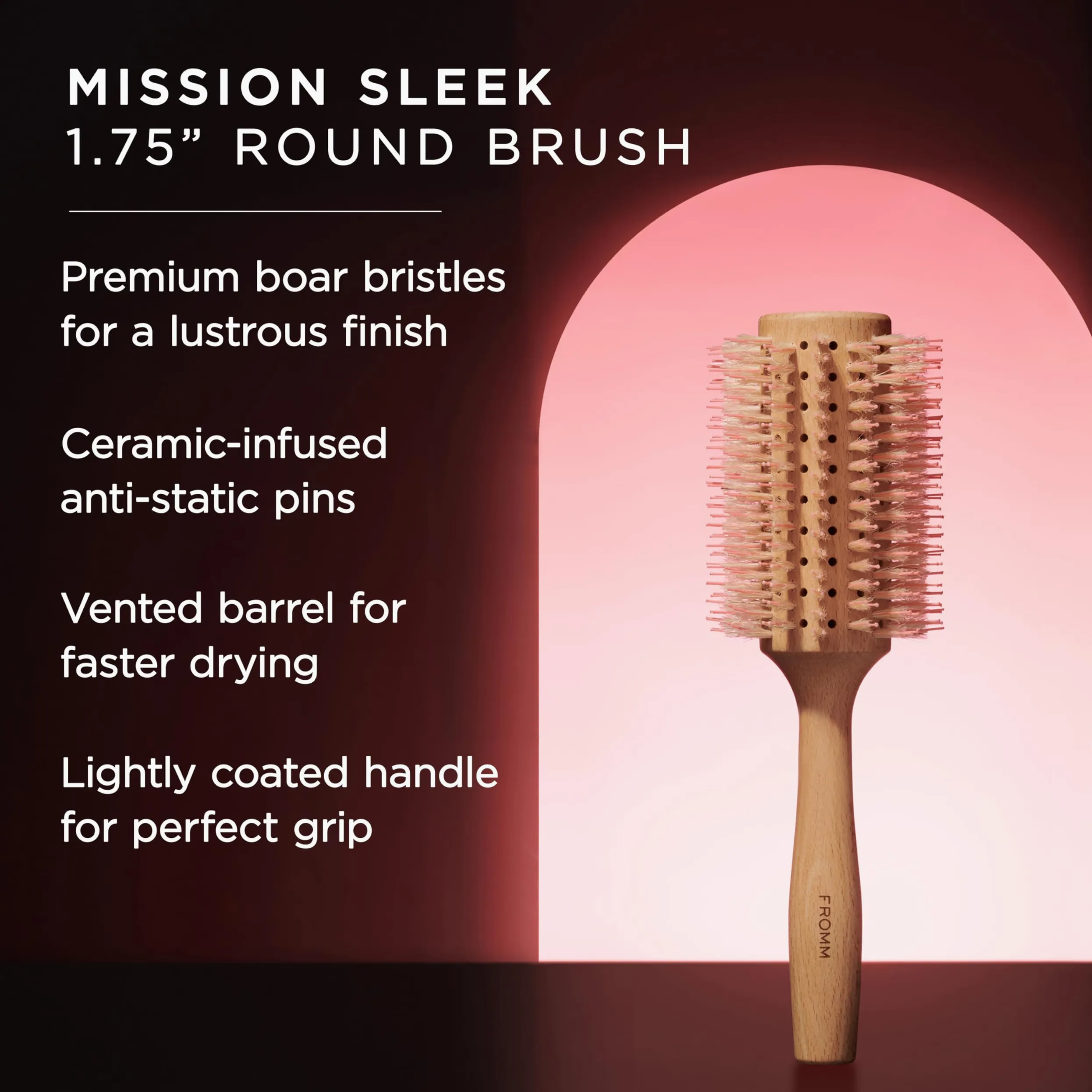 Fromm Mission Sleek - Cepillo de jabalí redondo ventilado para soplados suaves y brillantes incluso en cabello propenso al encrespamiento, cepillo de pelo con jabalí natural para peinar, alisar,