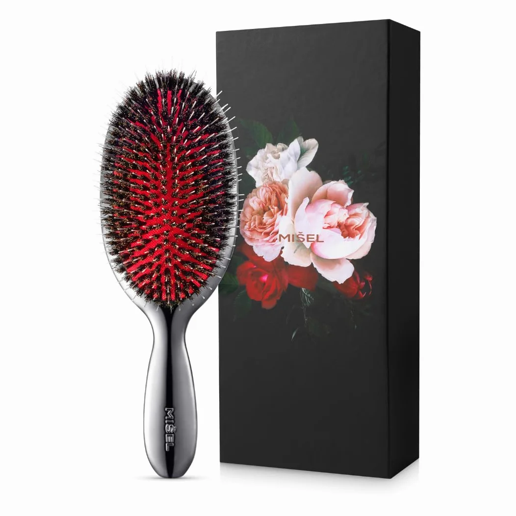 MISEL Cepillo Profesional de Cerdas de Jabalí para Mujeres y Hombres | Desenreda Todo Tipo de Cabello Natural y Extensiones | Reduce la Rotura | Aprobado por Salones | Grande