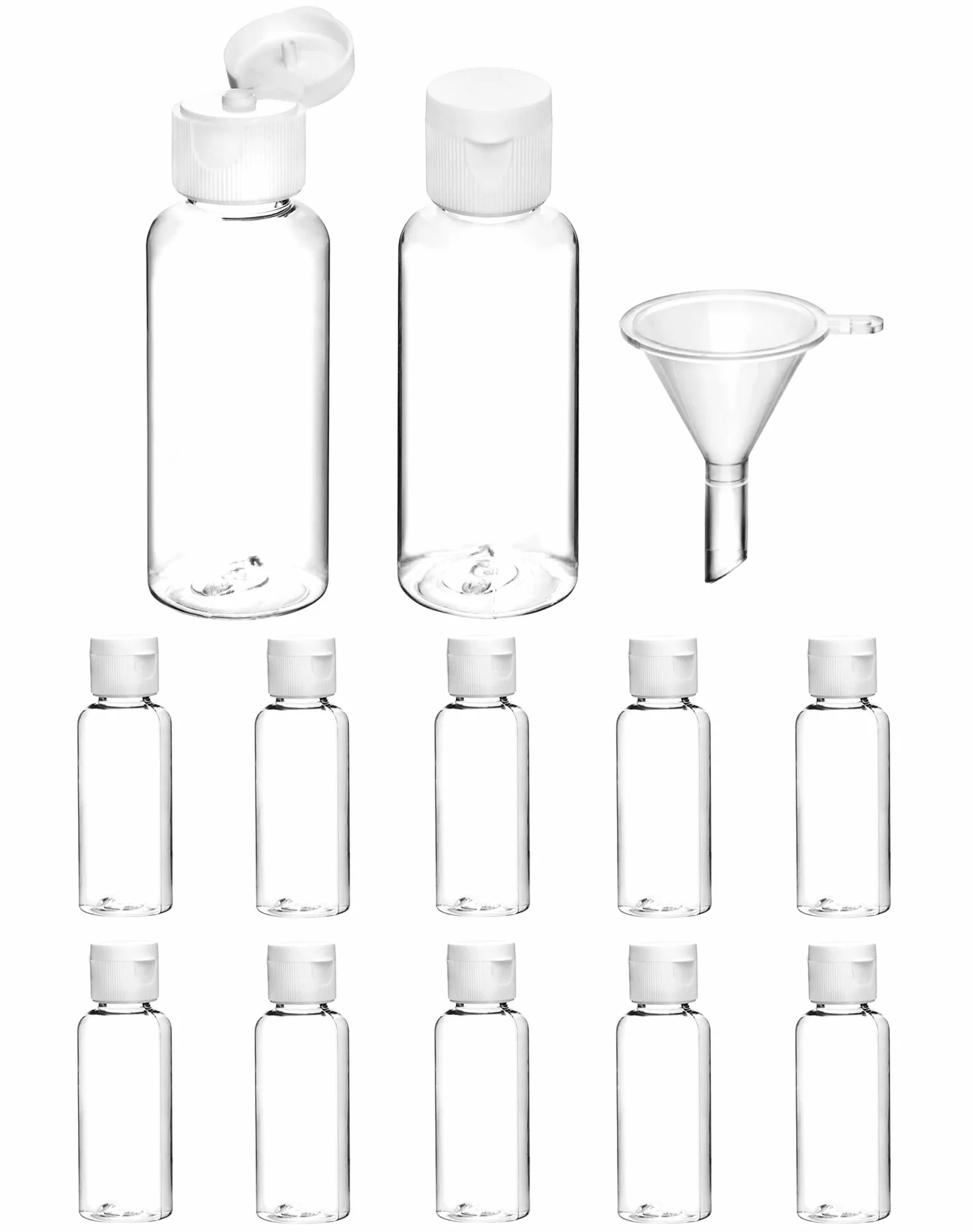 QWORK 12 Pcs Botellas De Viaje 50 Ml, Botes Rellenables Transparentes Con Embudo, Para Champú Gel Ducha Loción