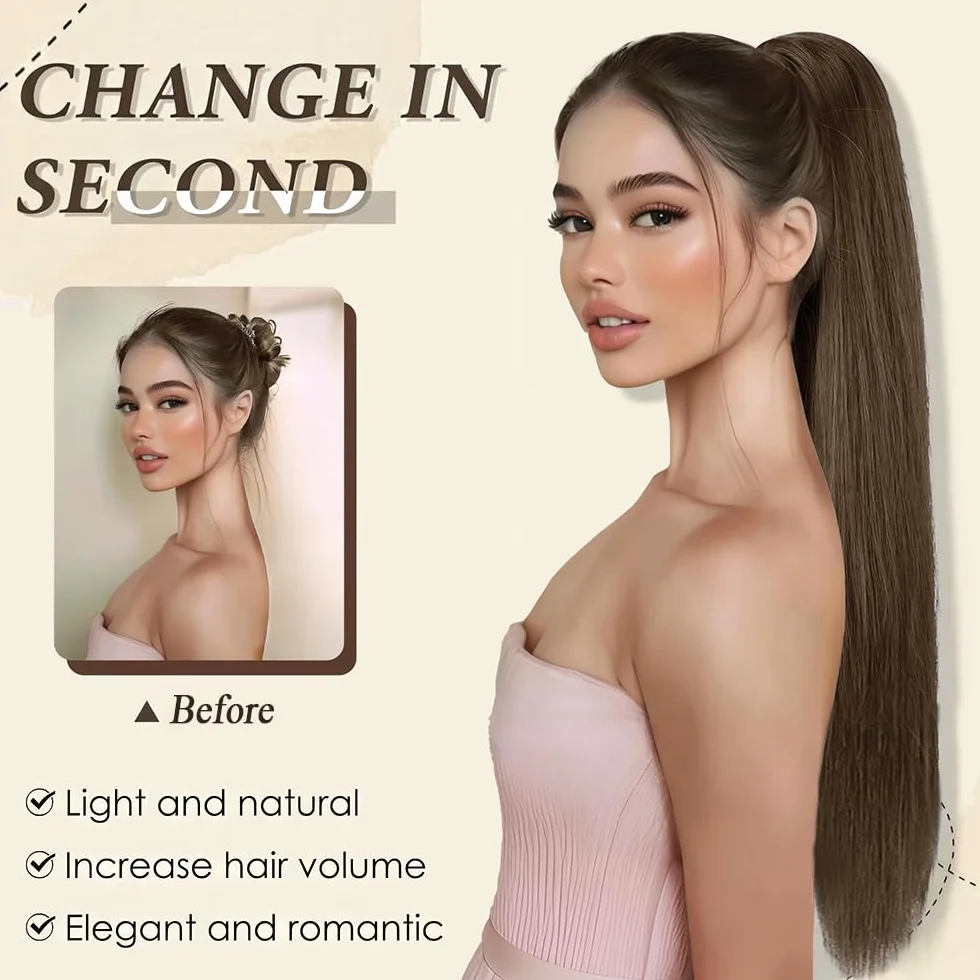 Coleta Pelo Liso Natural Con Pinza Flequillo Postizo 66cm Pelucas Mujer Ponytail Hair Extension Marrón Oscuro