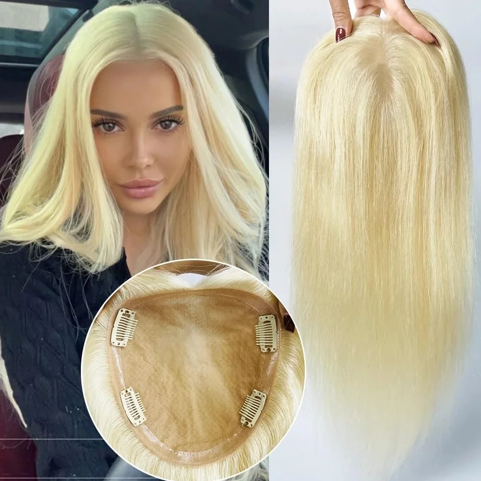 Extensiones de cabello con clip for mujer, cabello humano natural fino, sin raya ni flequillo, liso sedoso, color rubio 613#. para mujeres encantadoras(14 inch,13x15cm)