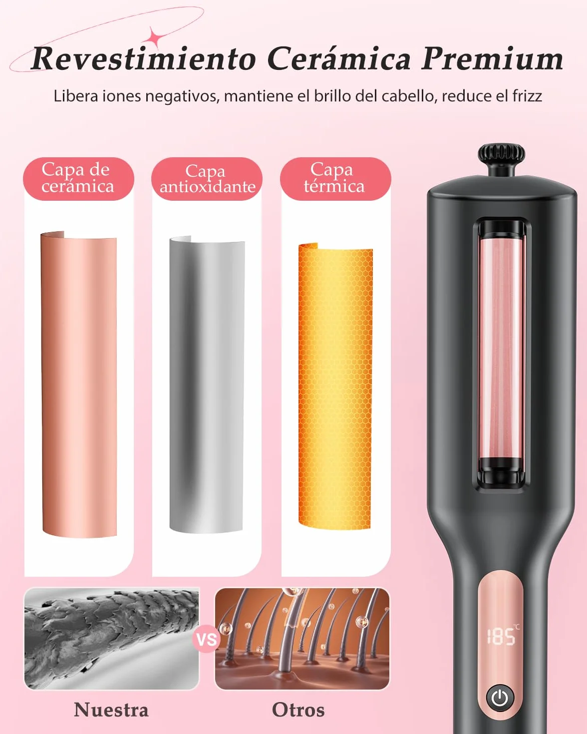 4 In 1 Ajustable Rizador Pelo Ondas - 22/25/32/38mm Plancha Pelo Ondas 3 Barriles Ondulador de Pelo Iónico, Anti-escaldamiento, Pantalla Digital, 4 Temperatura(140°C-210°C), Oro Rosa