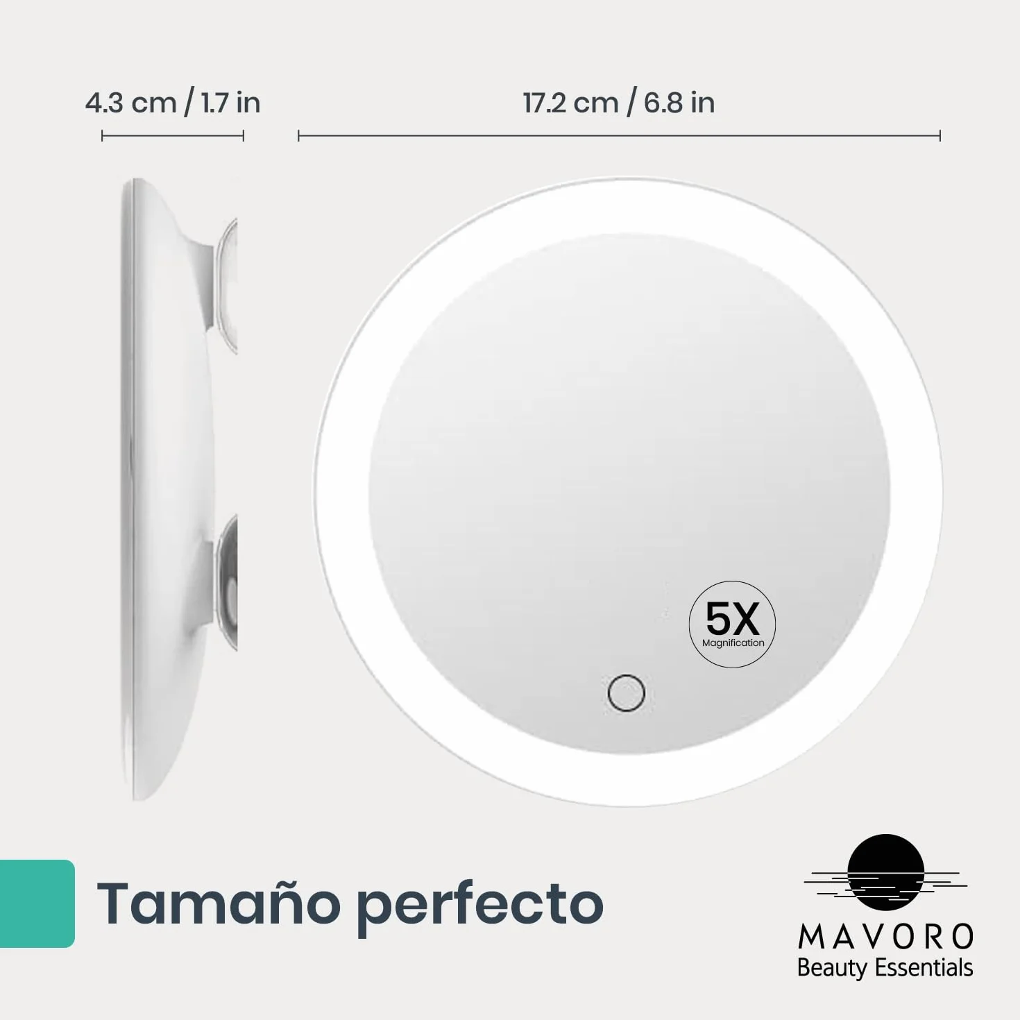Mavoro Espejo Aumentador LED 17 cm 5X con Ventosas Fuertes Espejo de Maquillaje Iluminado Portátil