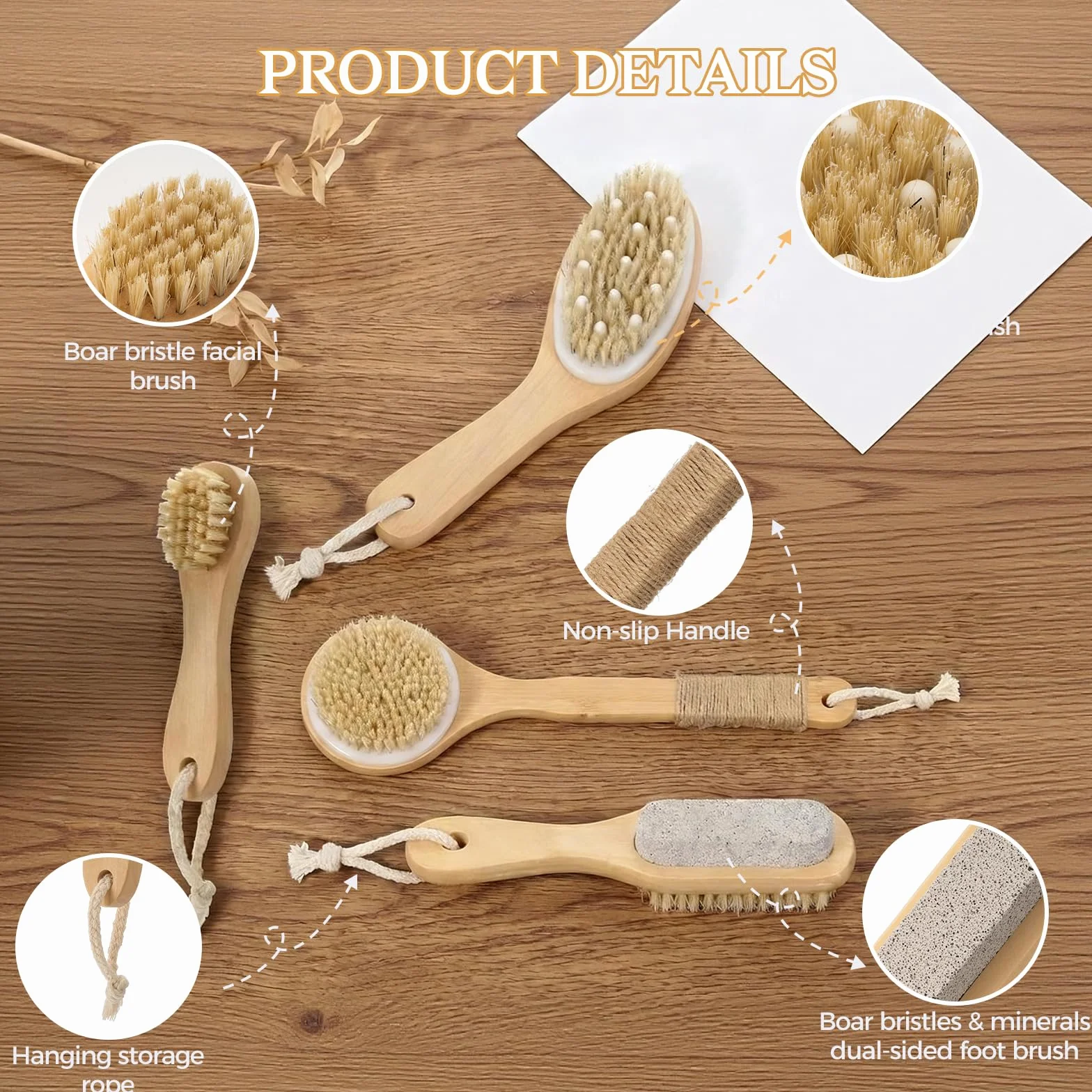 Juego de 5 cepillos de cepillado en seco para drenaje linfático, masajeador de celulitis y cuidado del cuero cabelludo, cepillo seco de mango largo para cuerpo, cepillo exfoliante de cerdas