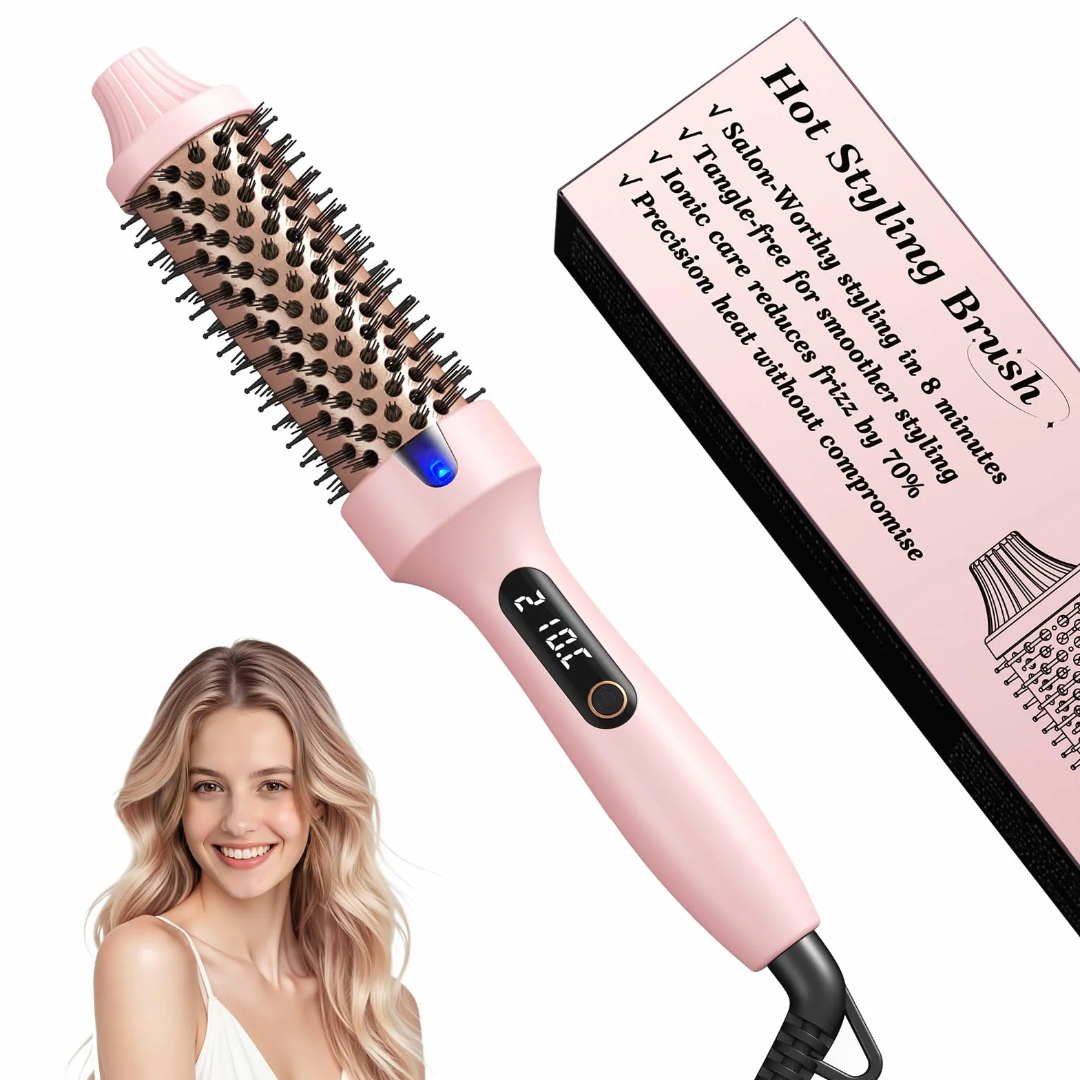 Haokoo Cepillo Térmico Redondo 38 mm, Alisador y Moldeador de Pelo, Iónico Cerámico Antifrizz, 6 Temperaturas LCD, Doble Voltaje, Rosa
