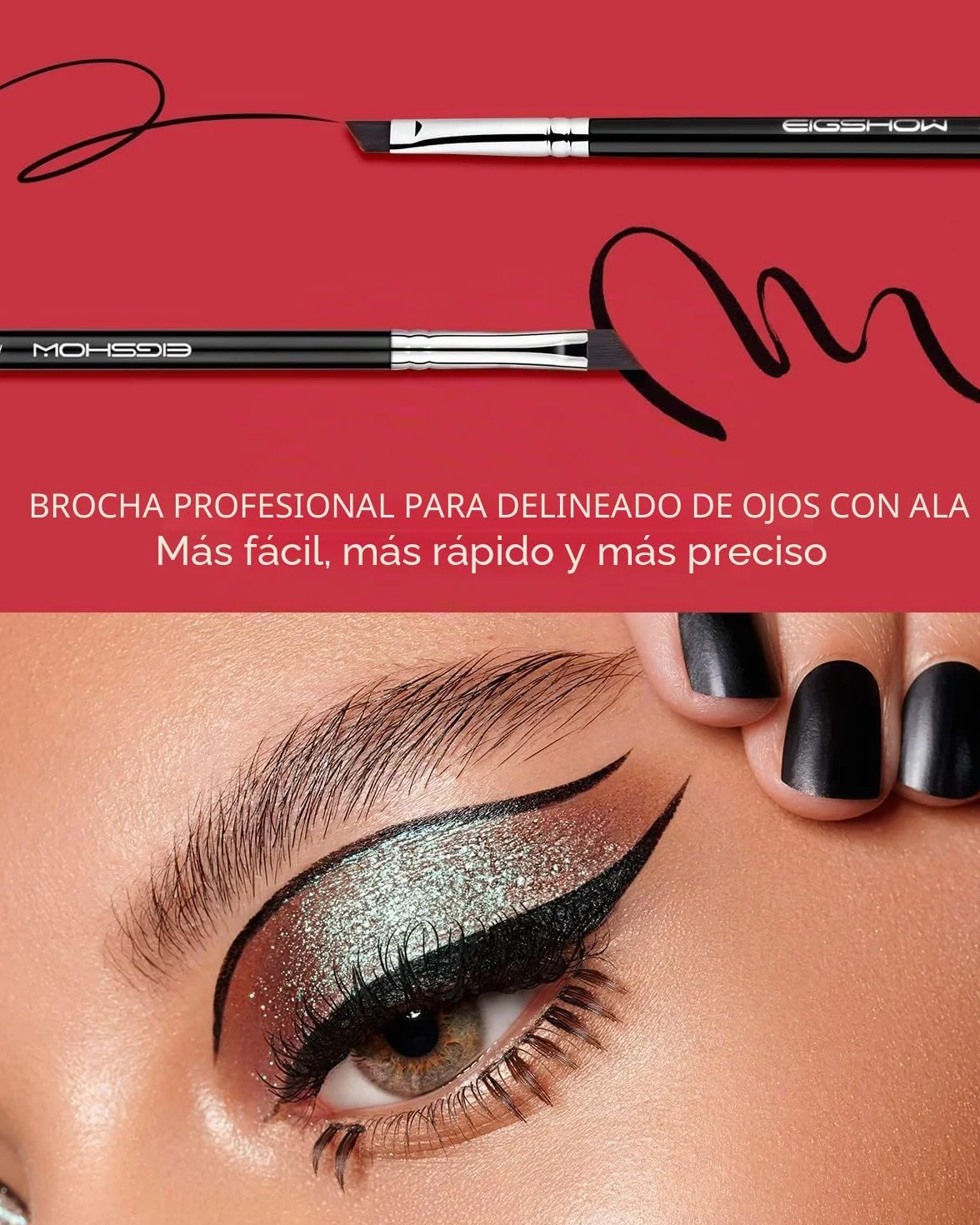 EIGSHOW Pincel delineador ojos ángulo fino precisión gel PRO plano inclinado cerdas sintéticas libre crueldad Negro