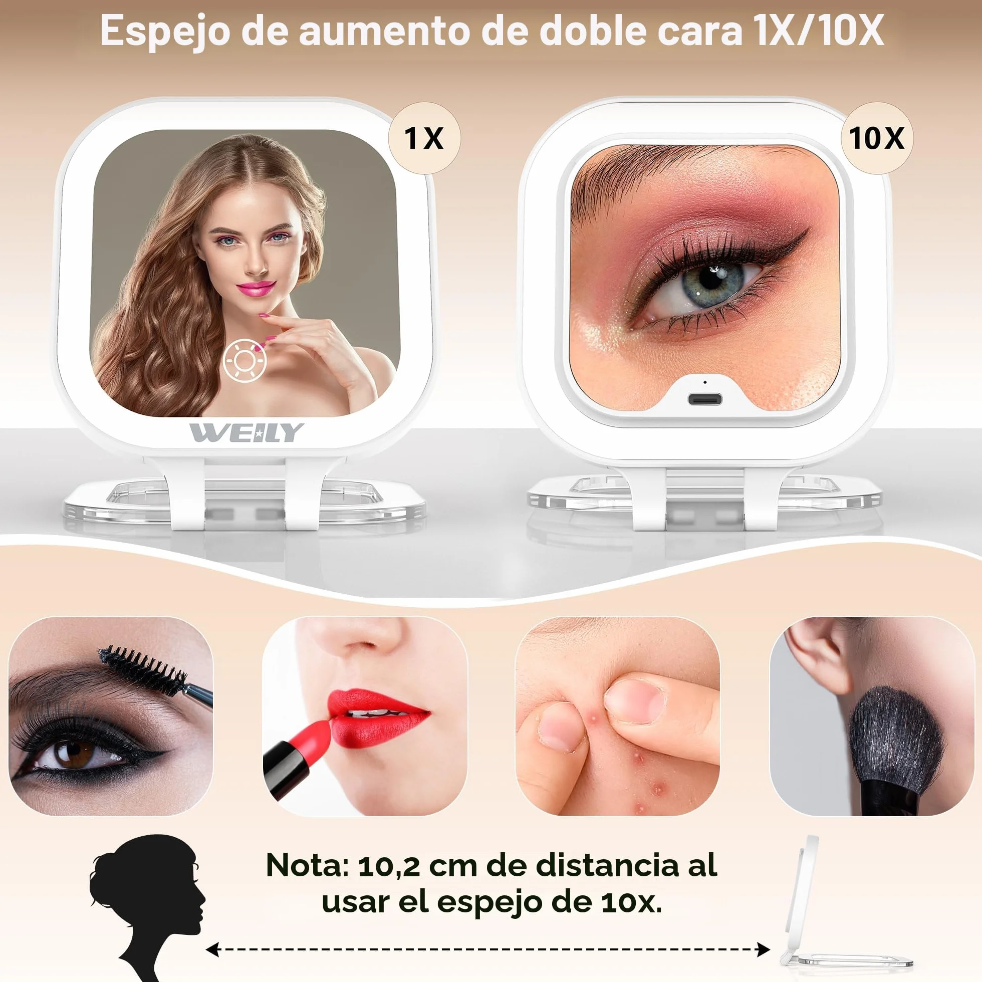 WEILY Espejo Maquillaje con Luz, 1X/10X Doble Cara Aumento, Espejo de Viaje con 3 Luces de Color y Control Táctil, Recargable USB Blanco