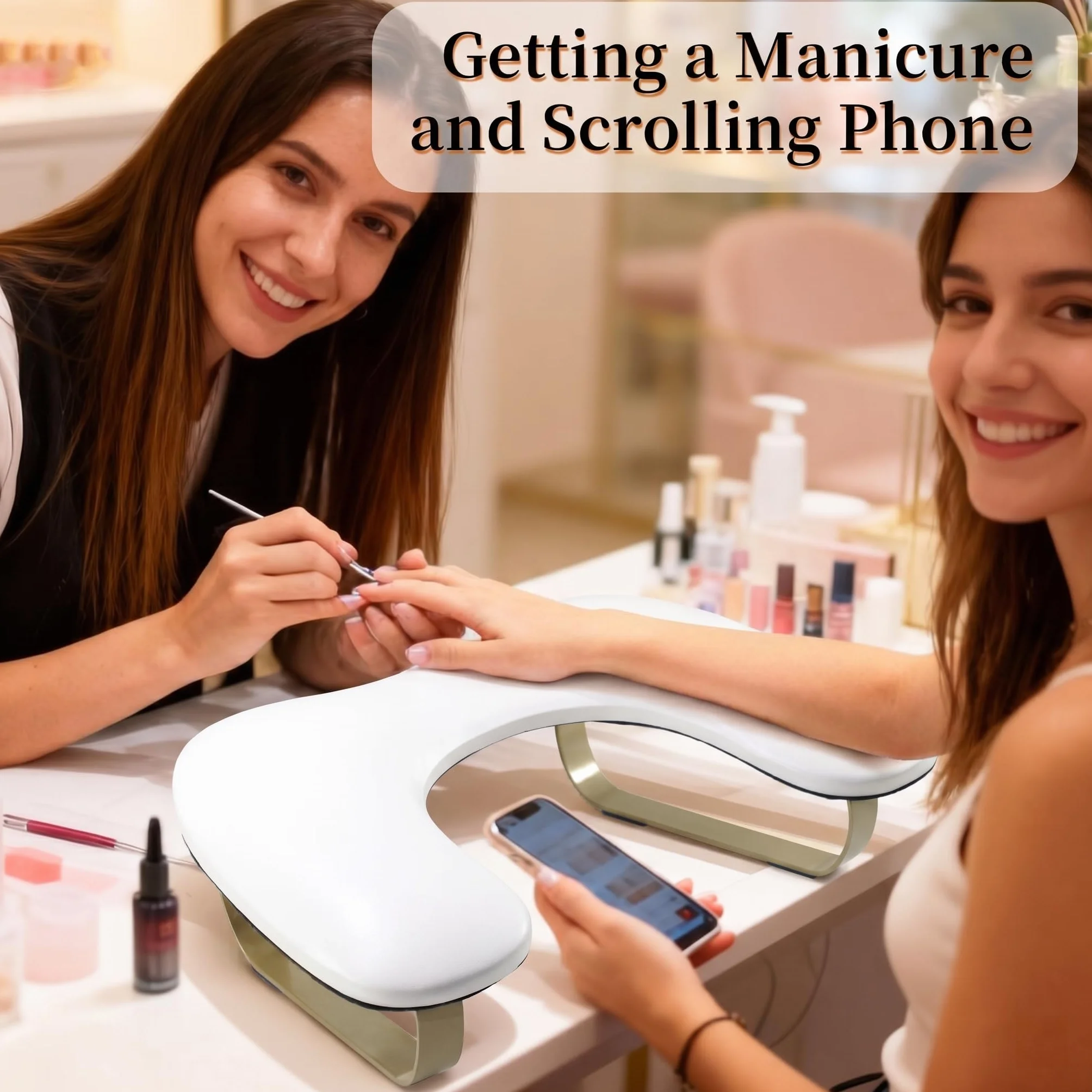 Reposabrazos para uñas en forma de U: reposabrazos para uñas con reposapiés curvado dorado, ángulo de inclinación de 45° para manicurista/salones de uñas