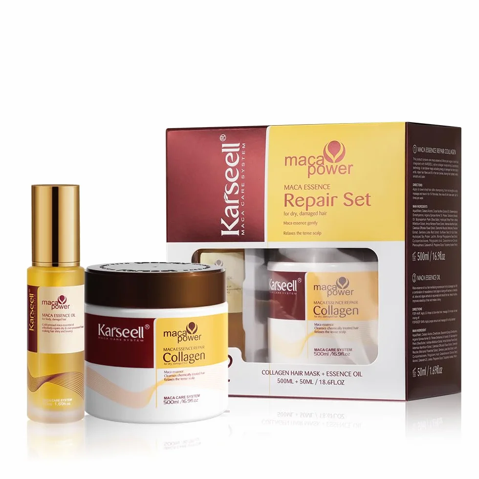 Karseell Reparación Sets de Pelo, Colágeno Mascarilla Pelo Y Aceite de Pelo, Set de Cuidado Capilar para Seco y Dañado el Cabello Todo Tipo de Cabellos, 500ml + 50ml