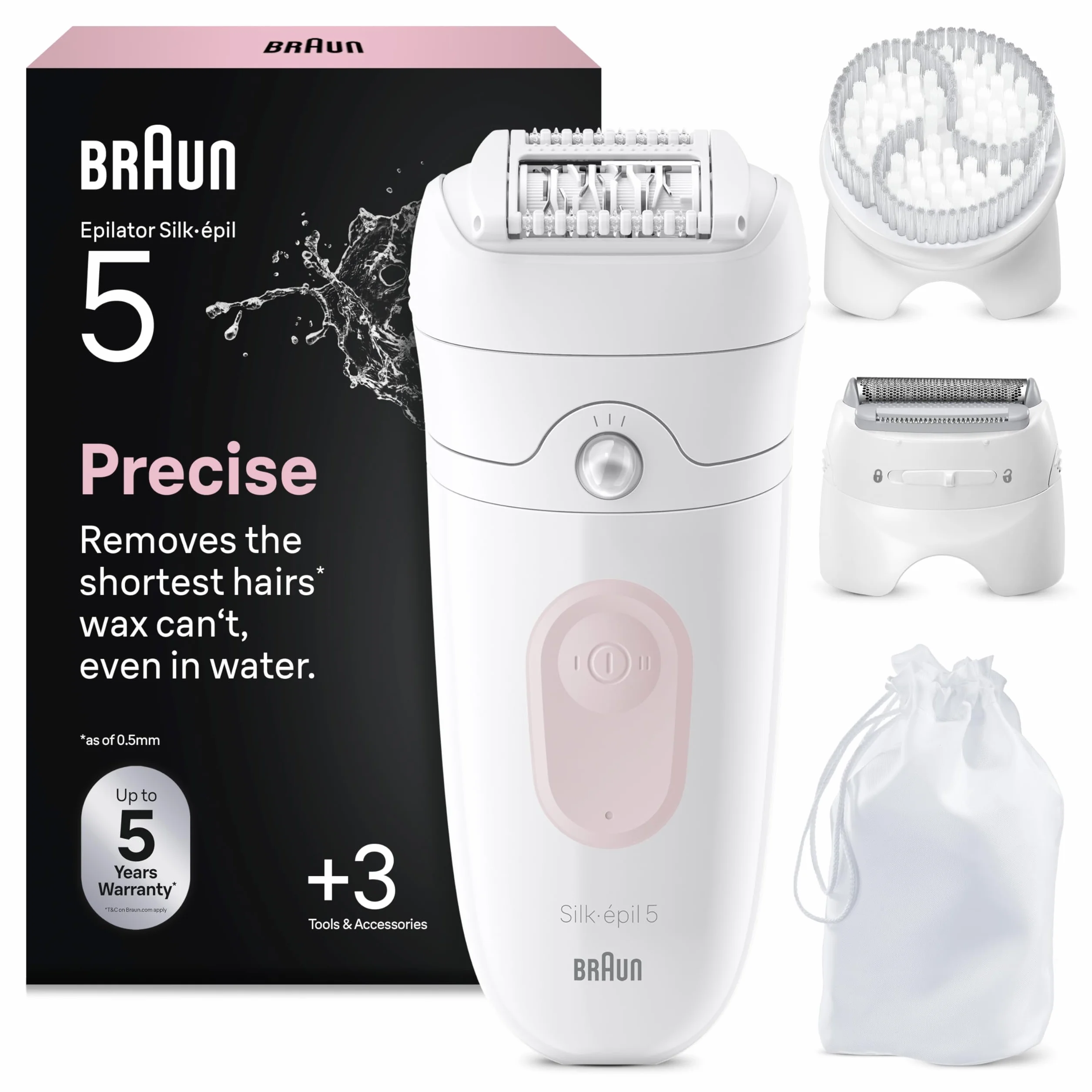 Braun Depiladora Eléctrica Mujer Silk-épil 5, Depiladora Corporal con Cabezal de Rasuradora Y Cepillo de Exfoliación, Resistente al Agua, Depila, Rasura Y Exfolia, 5-060, Blanco/Flamenco