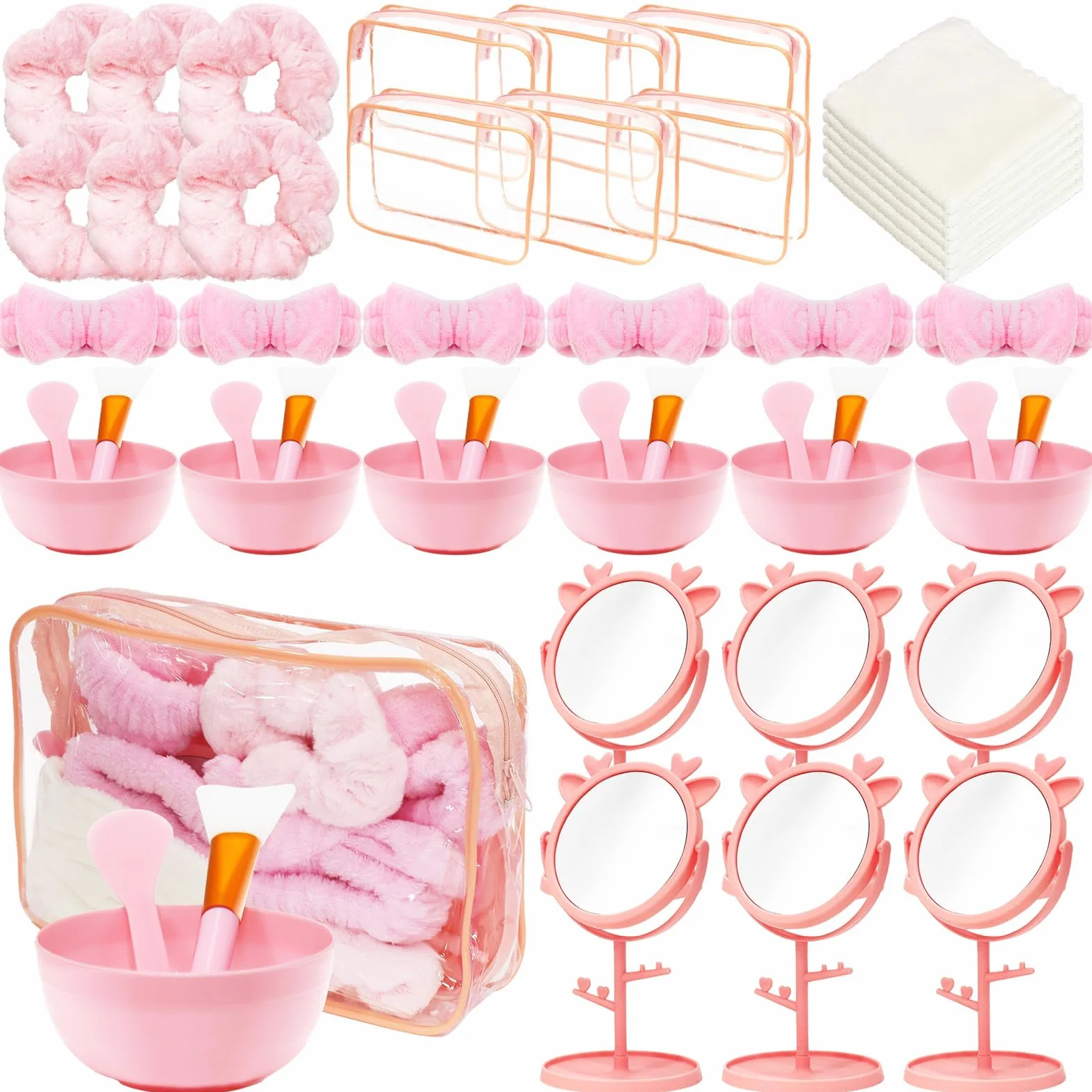 Juego de 48 piezas para fiesta de spa niñas accesorios pijamas rosa diademas espejos bolsas cosméticos