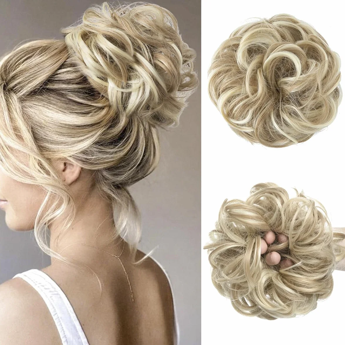 Moños Postizos Grande para Mujer, Coleteros Pelo Natural Rizado Ondulado, Moño Sintético Despeinado Rubio Sucio